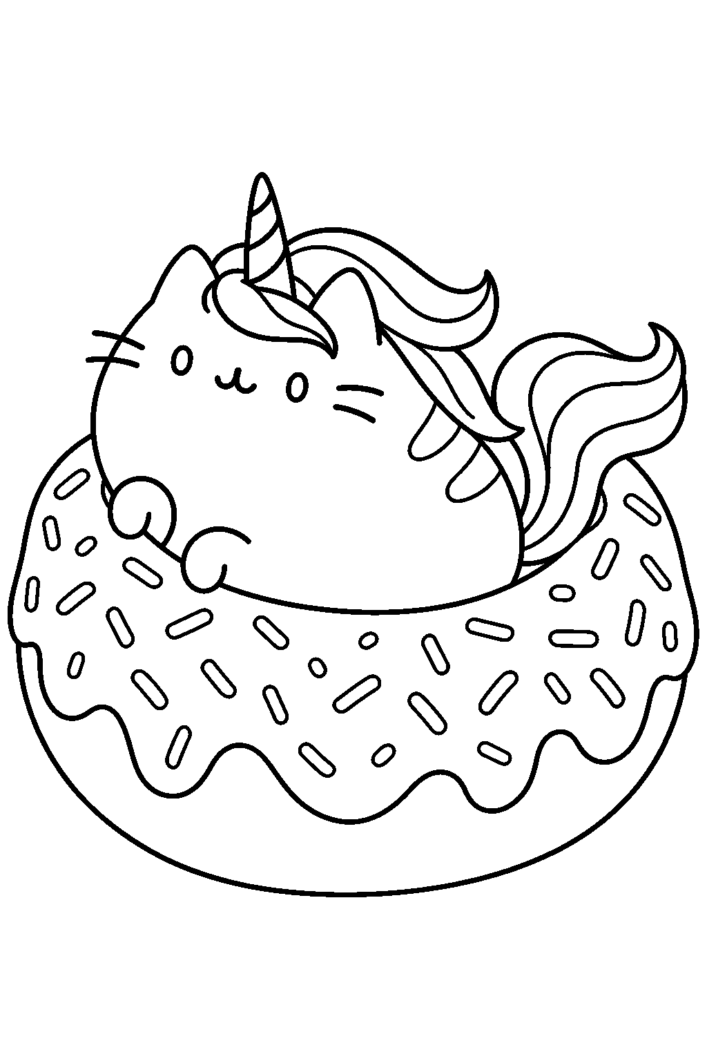 pusheen unicorn curled inside a giant sprinkled donut line art