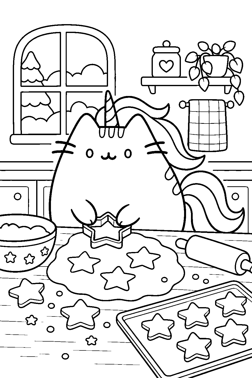 pusheen unicorn cutting star shaped cookies from rolled dough line art