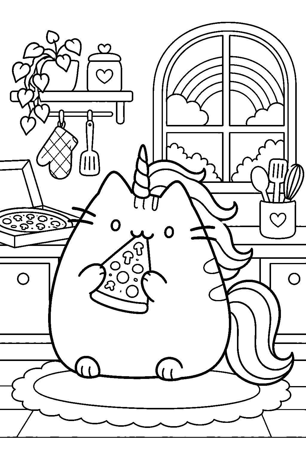 pusheen unicorn eating a pizza slice beside a rainbow kitchen window line art