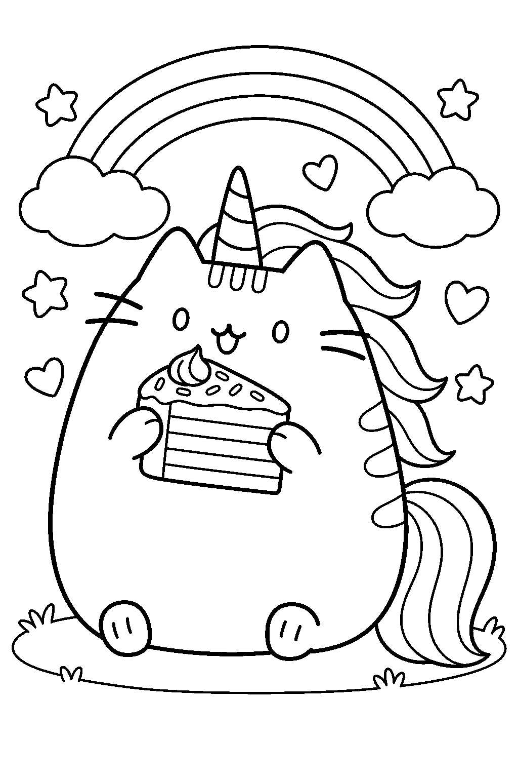 pusheen unicorn eating a slice of rainbow layer cake line art