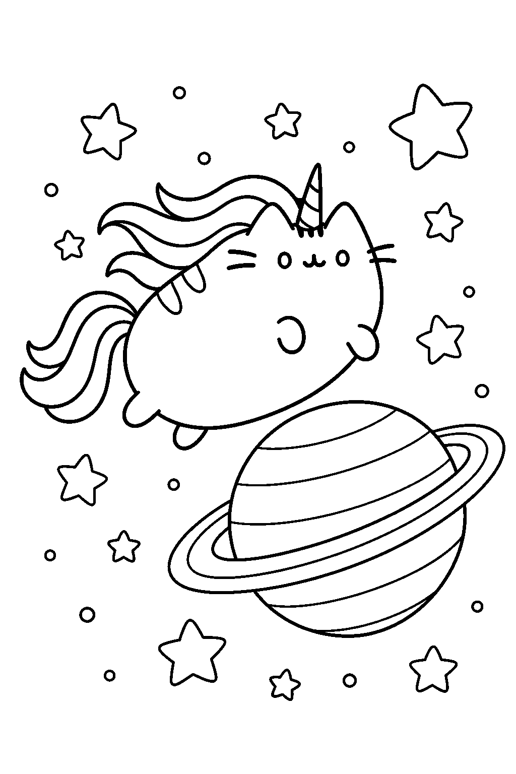pusheen unicorn floating beside a ringed planet among stars line art
