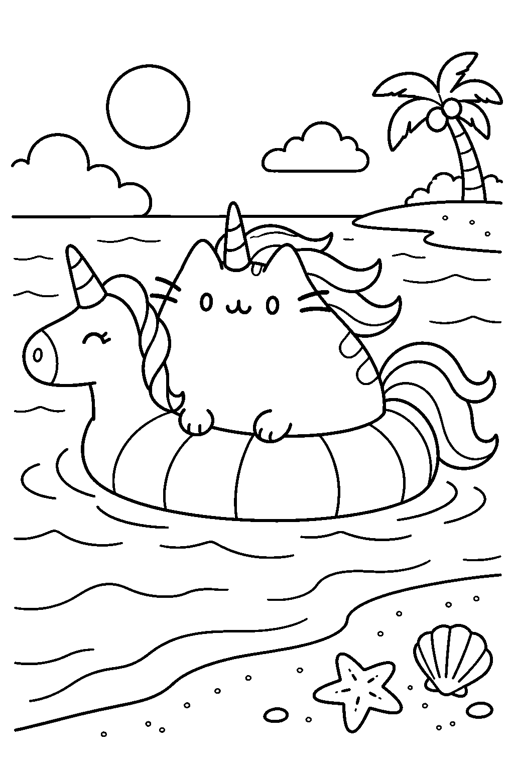 pusheen unicorn floating in a unicorn pool ring beside the beach line art