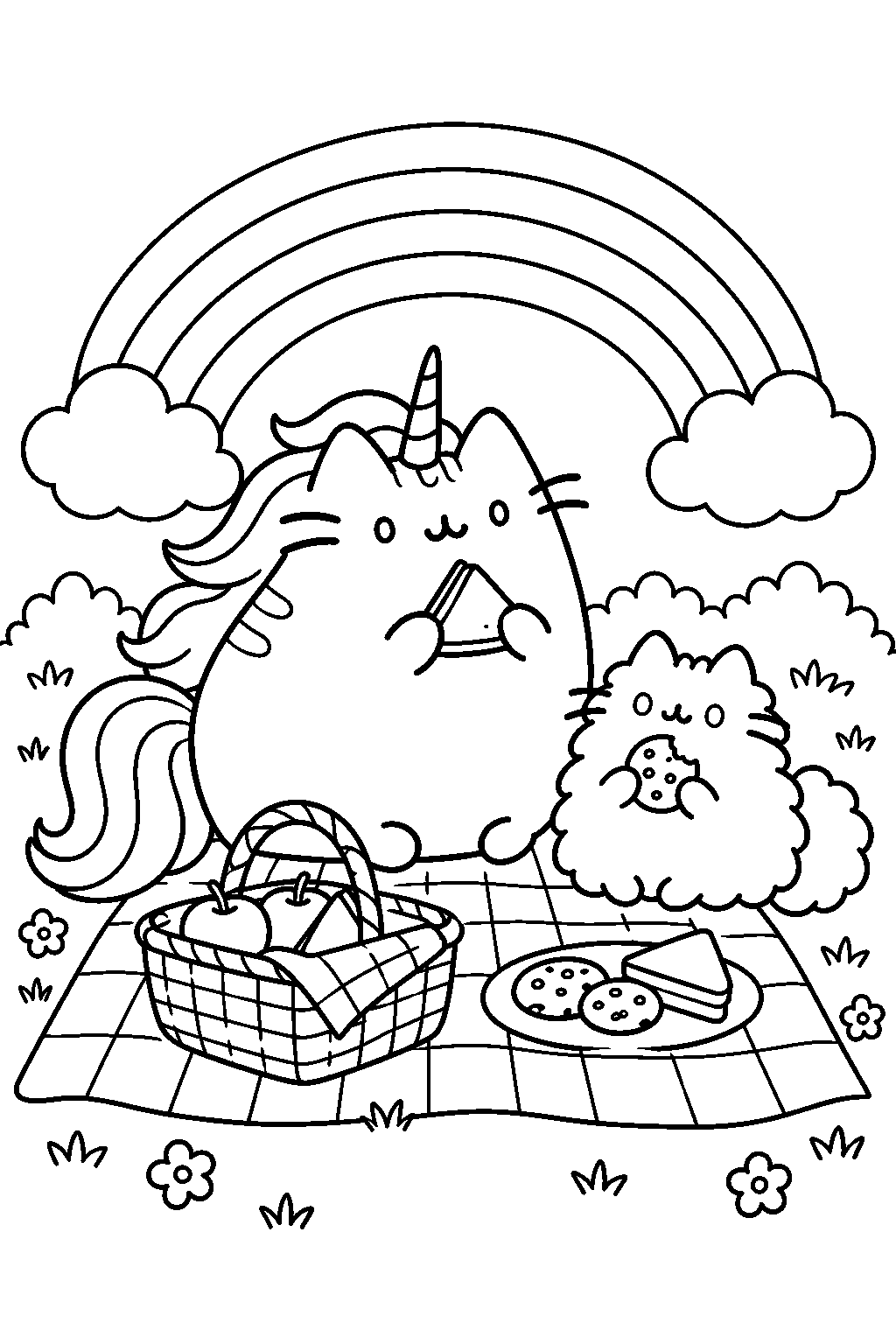 pusheen unicorn having a picnic with stormy beneath a rainbow line art