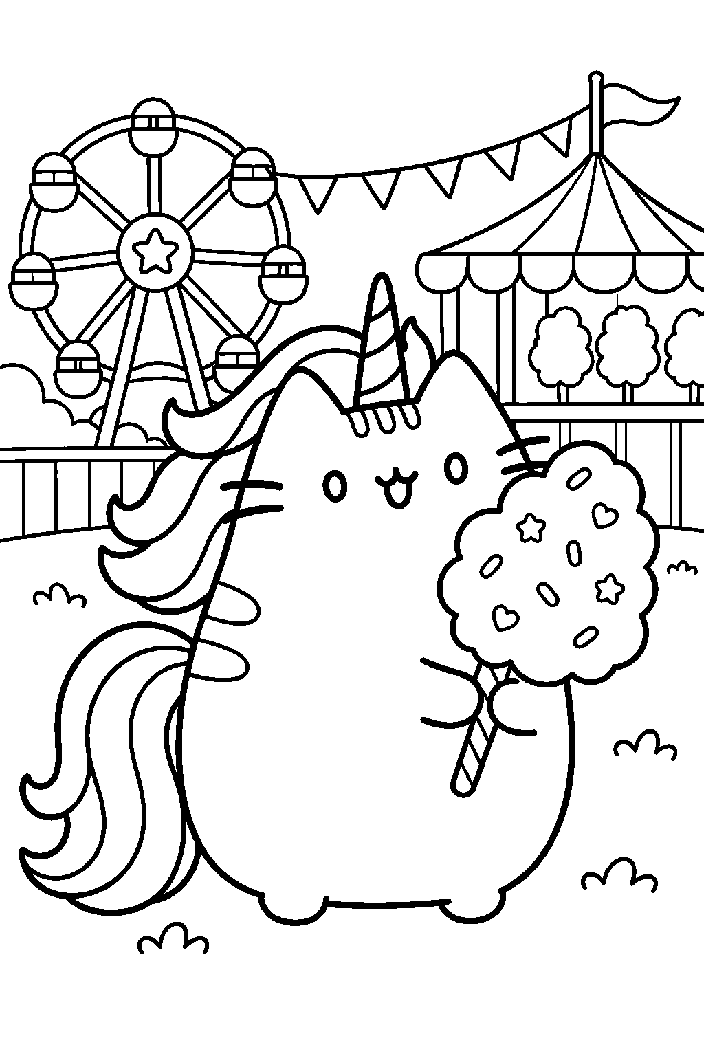 pusheen unicorn holding cloud shaped cotton candy at a fair line art