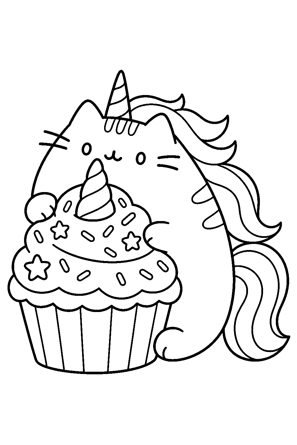 pusheen unicorn hugging a giant cupcake topped with a unicorn horn line art
