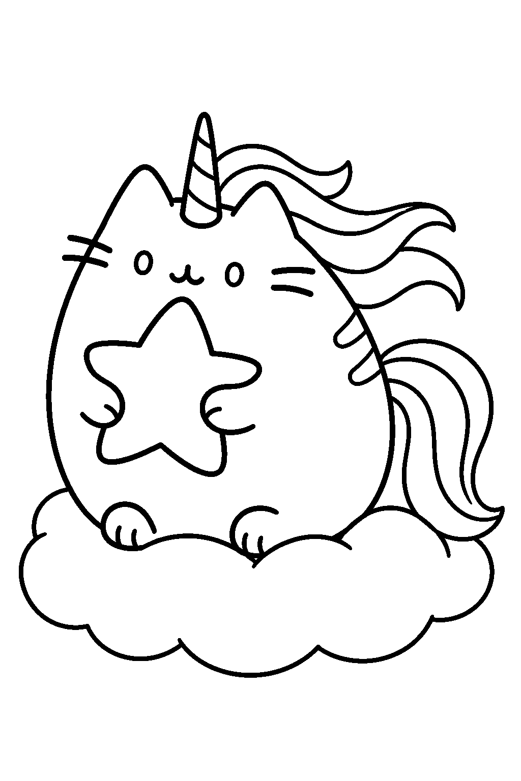 pusheen unicorn hugging a star on a fluffy cloud line art
