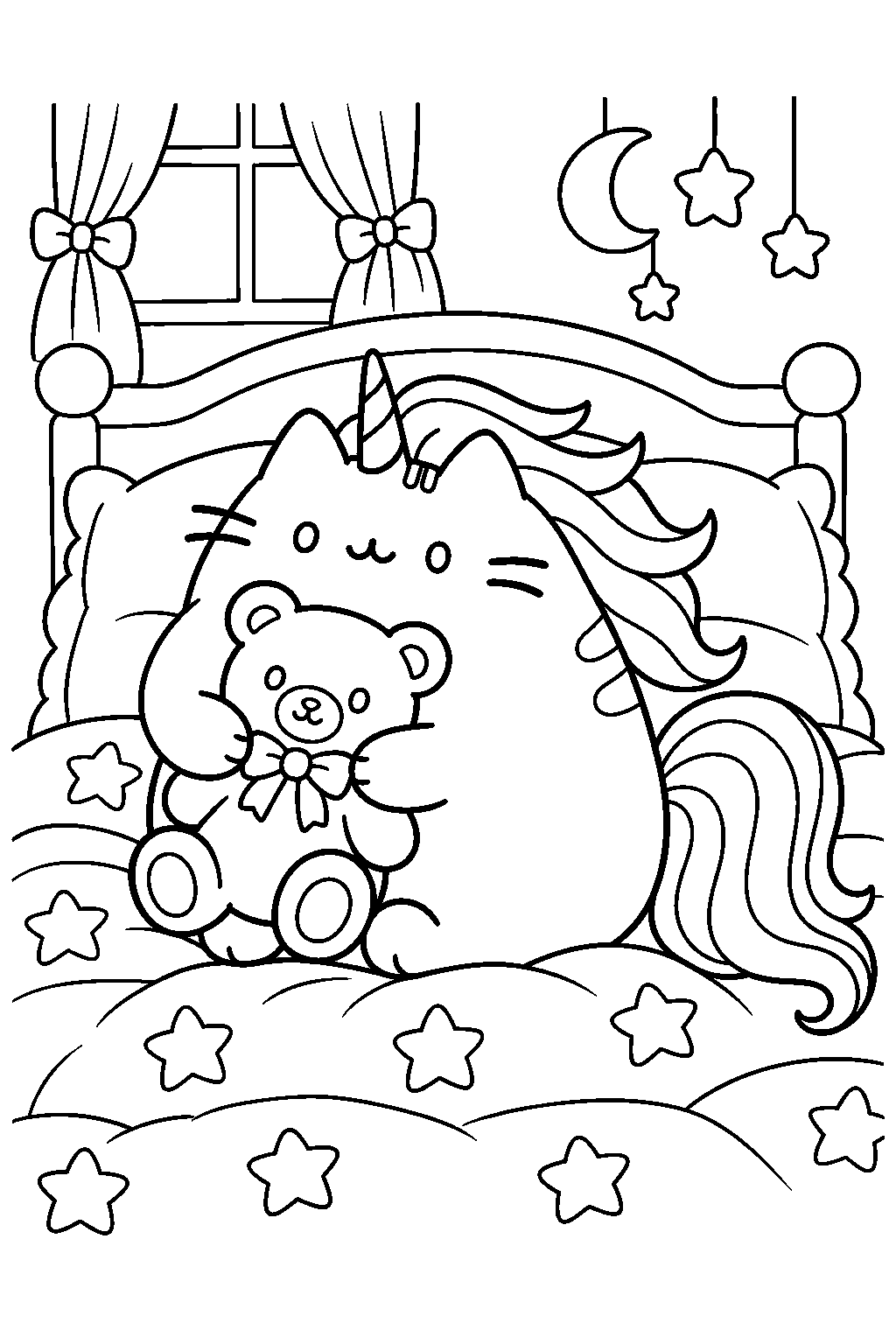 pusheen unicorn hugging a teddy bear on a star patterned bed line art