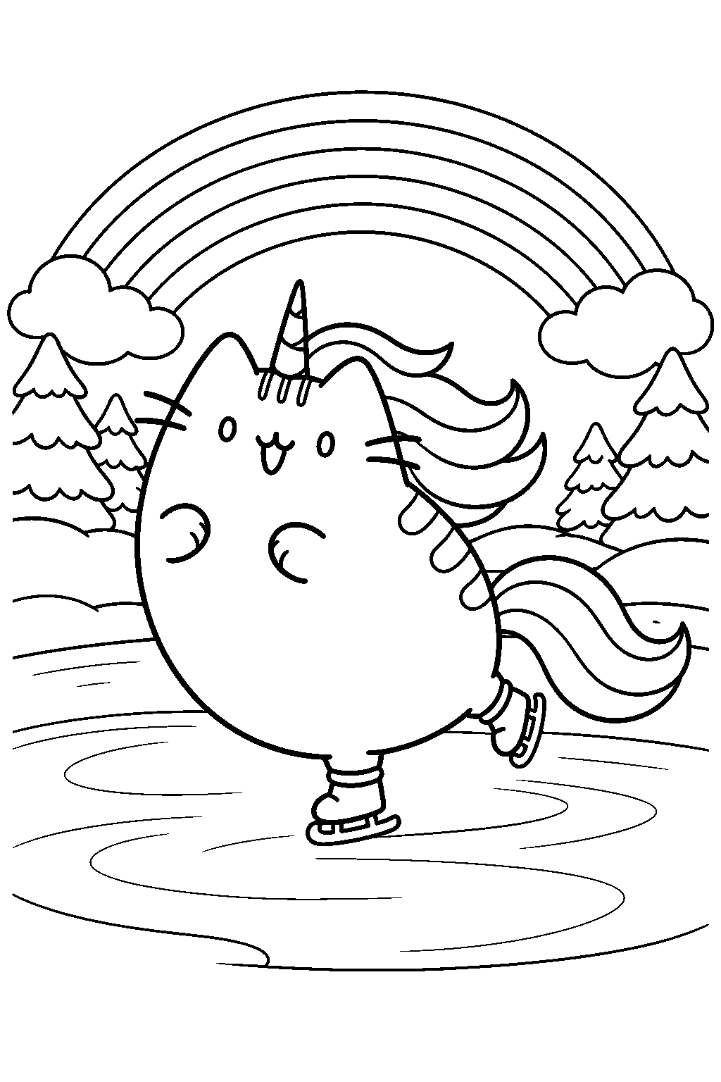 pusheen unicorn ice skating on a frozen pond beneath a winter rainbow line art