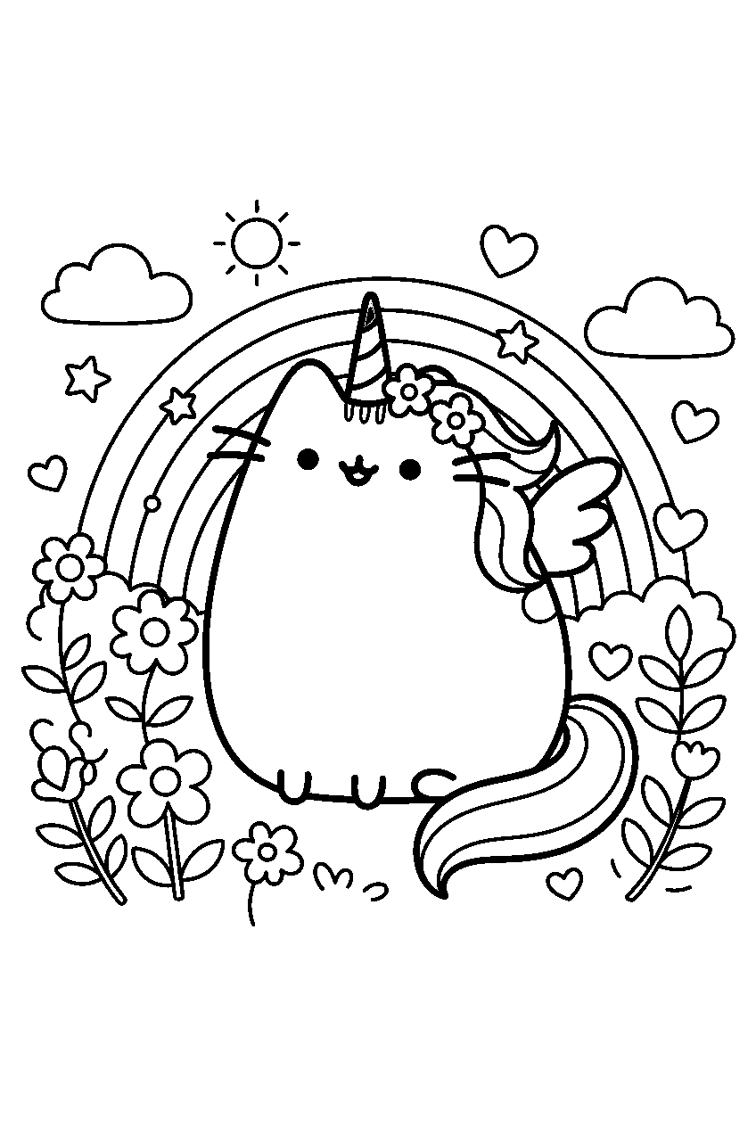 pusheen unicorn in rainbow garden line art
