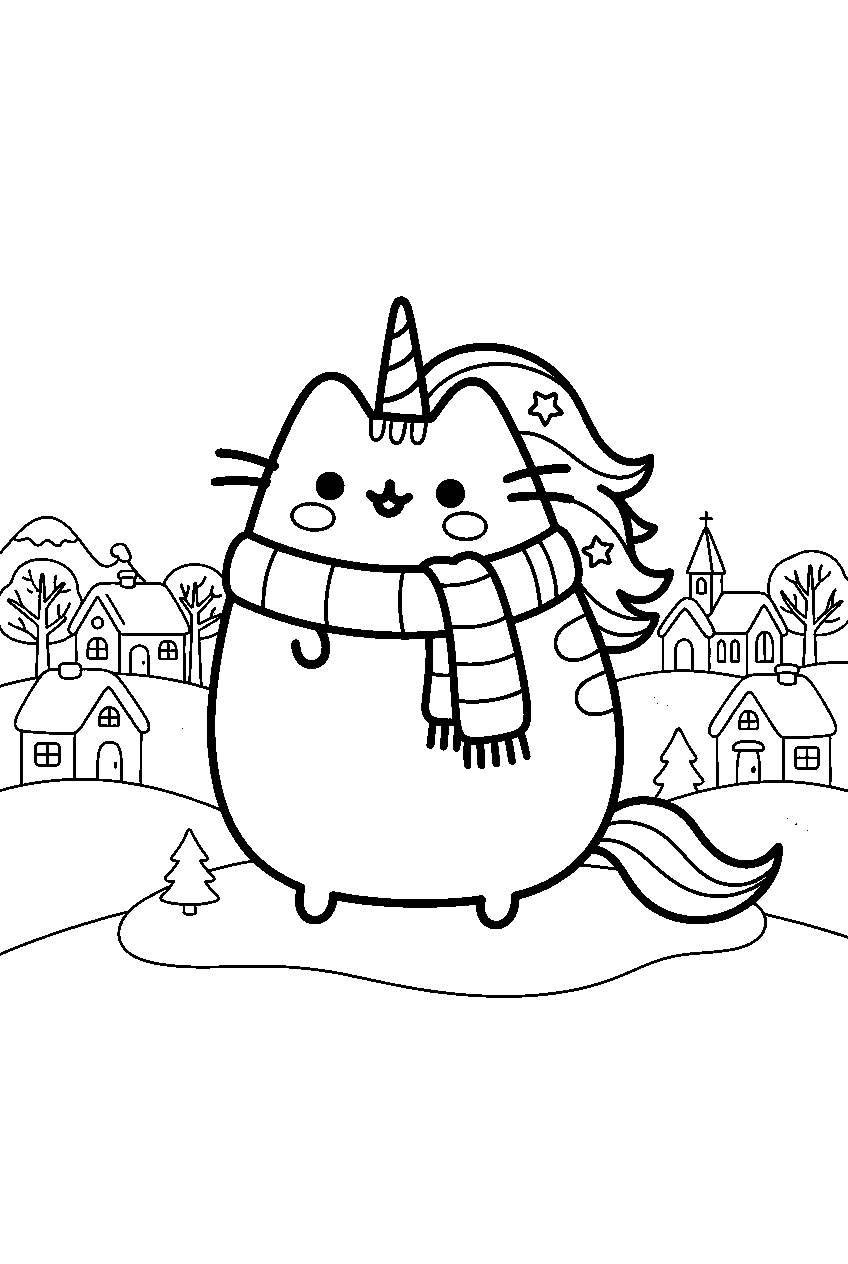 pusheen unicorn in winter village line art