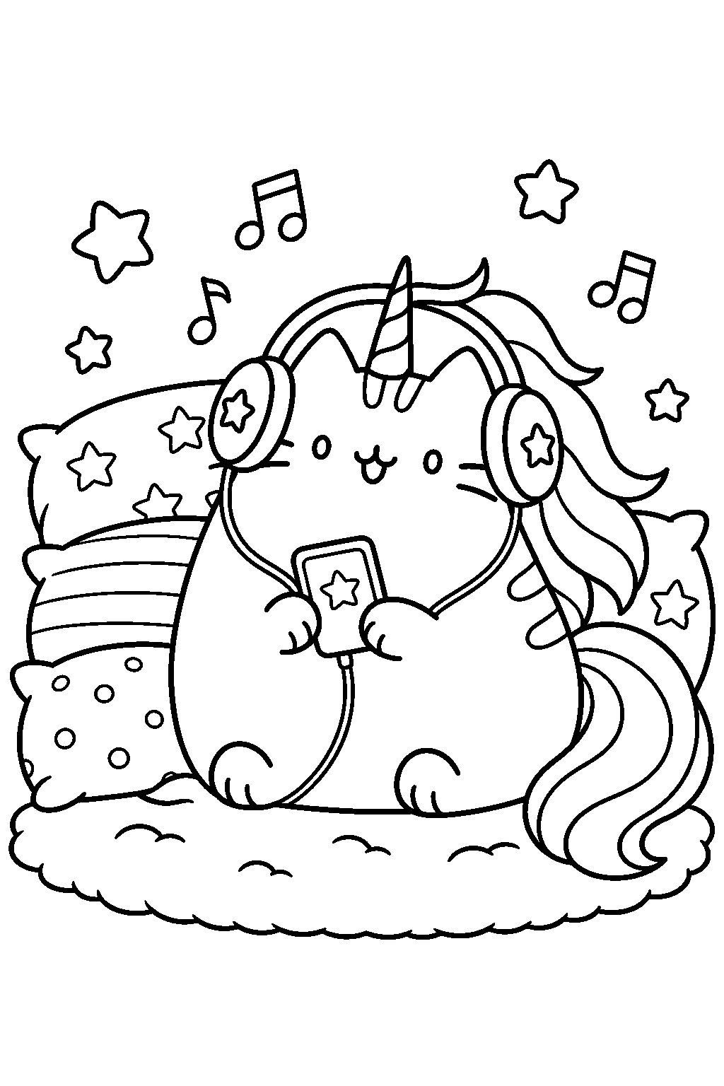 pusheen unicorn listening to music with headphones beside a stack of pillows line art