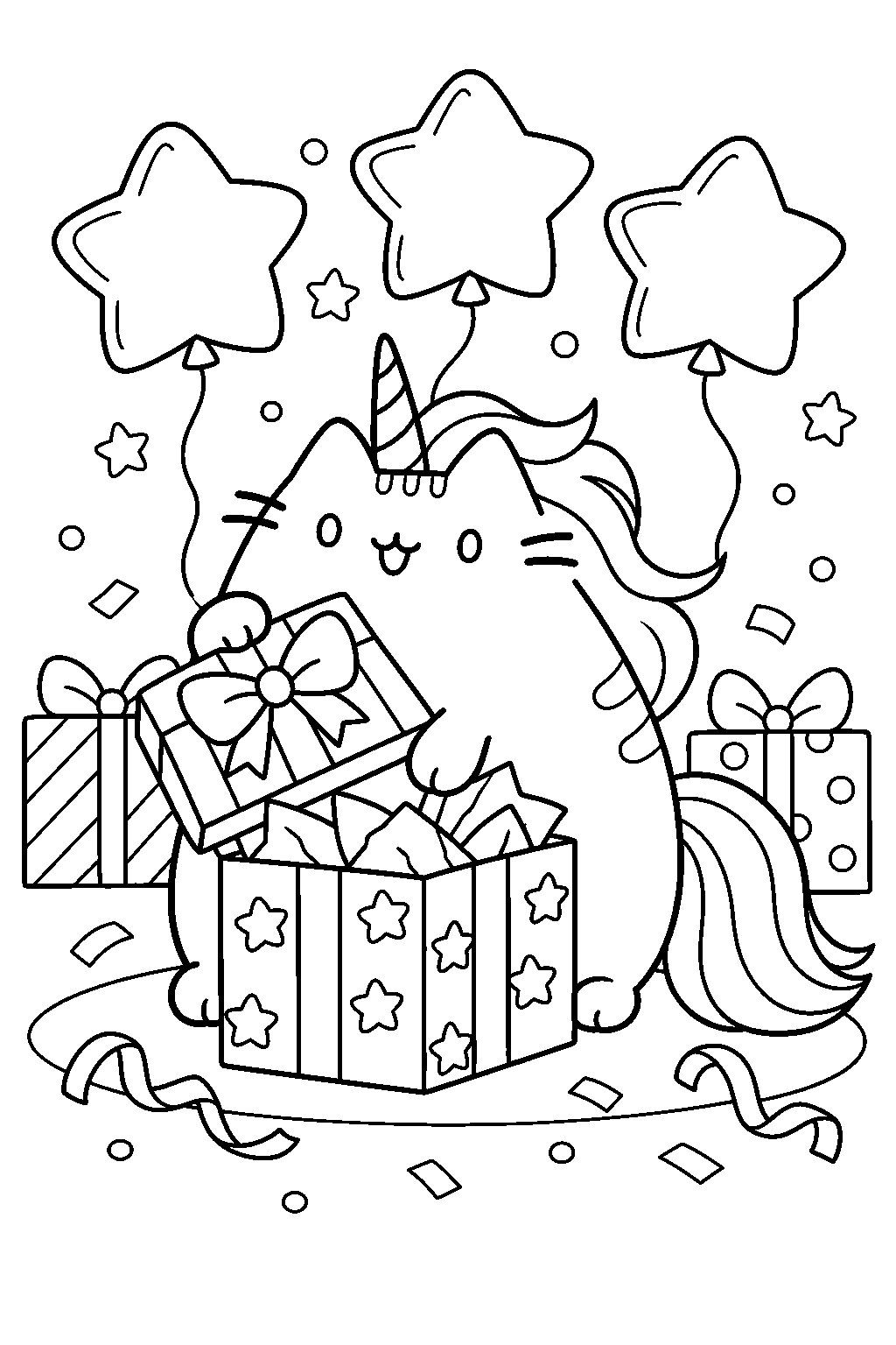pusheen unicorn opening a birthday gift beneath star shaped balloons line art