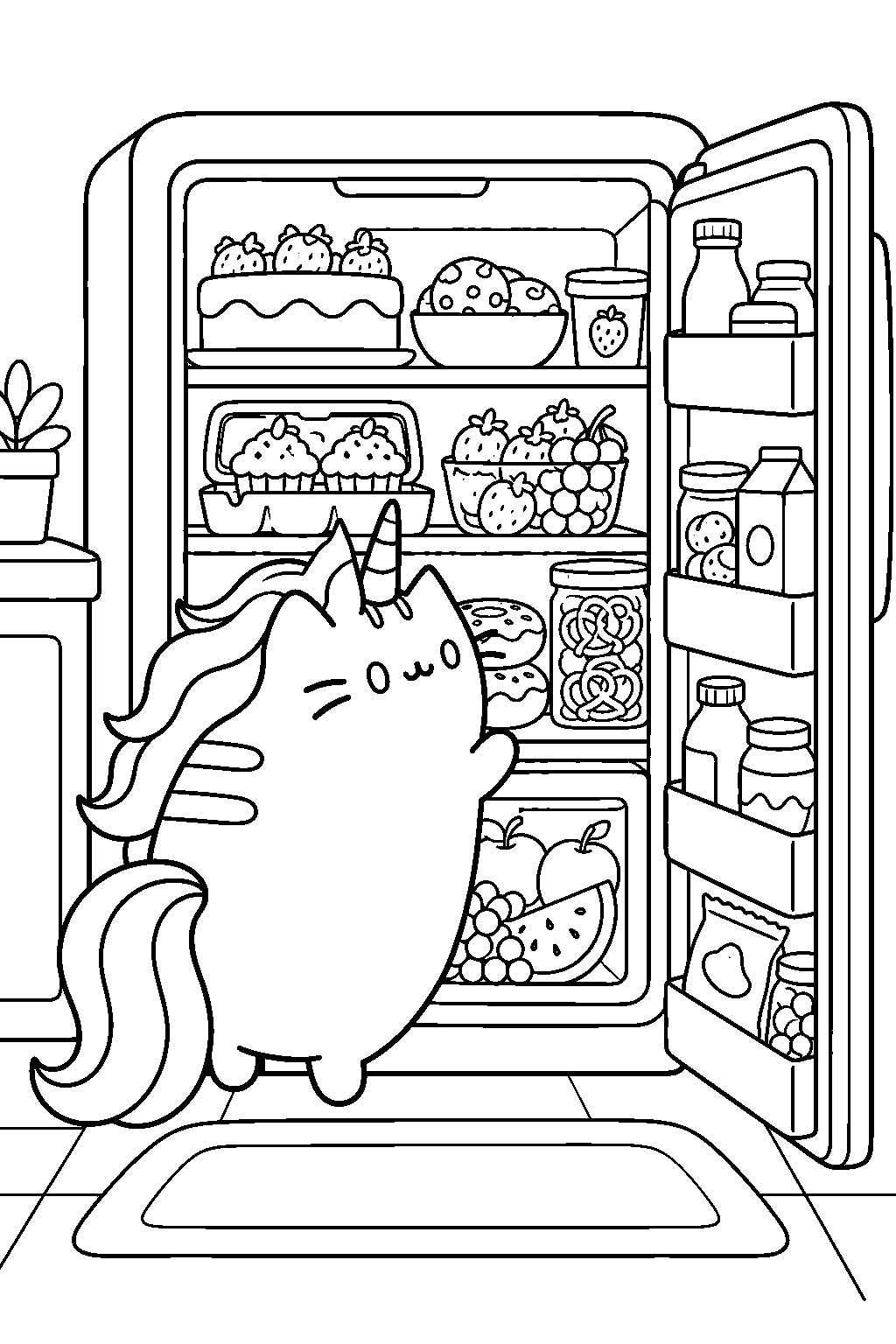 pusheen unicorn peeking into a refrigerator filled with snacks line art