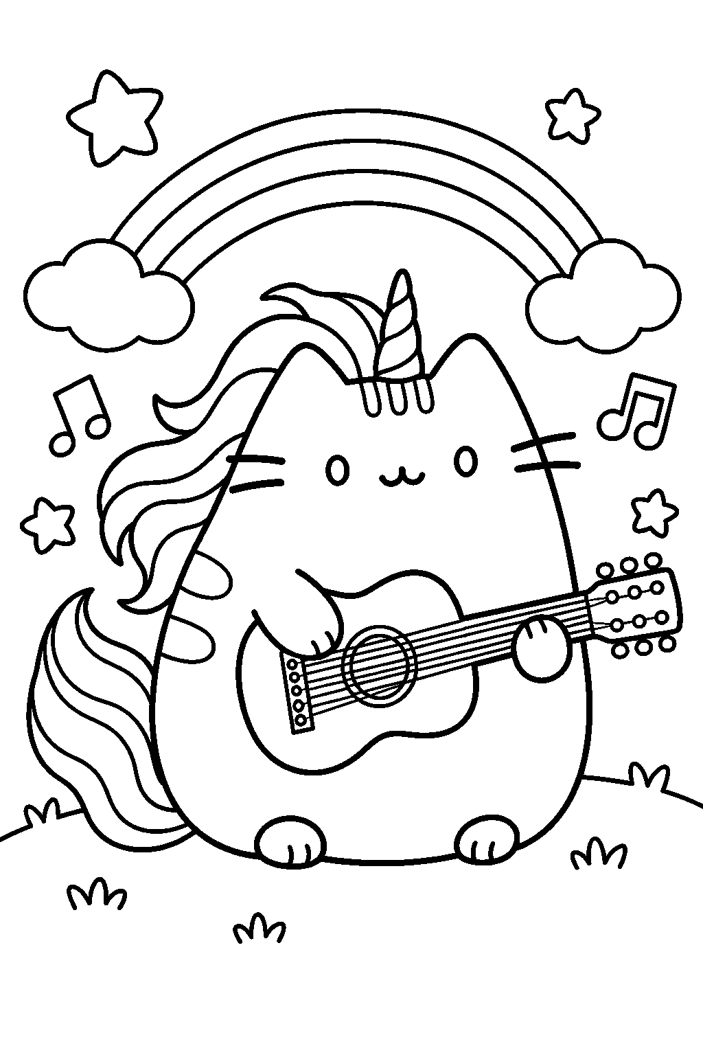 pusheen unicorn playing a small guitar beneath floating musical notes line art