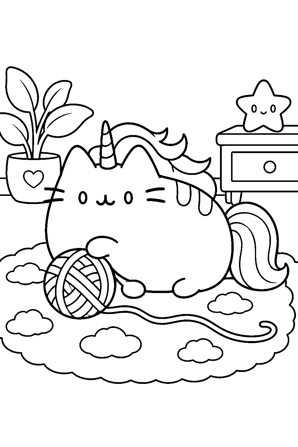pusheen unicorn playing with a ball of yarn on a cloud patterned rug line art