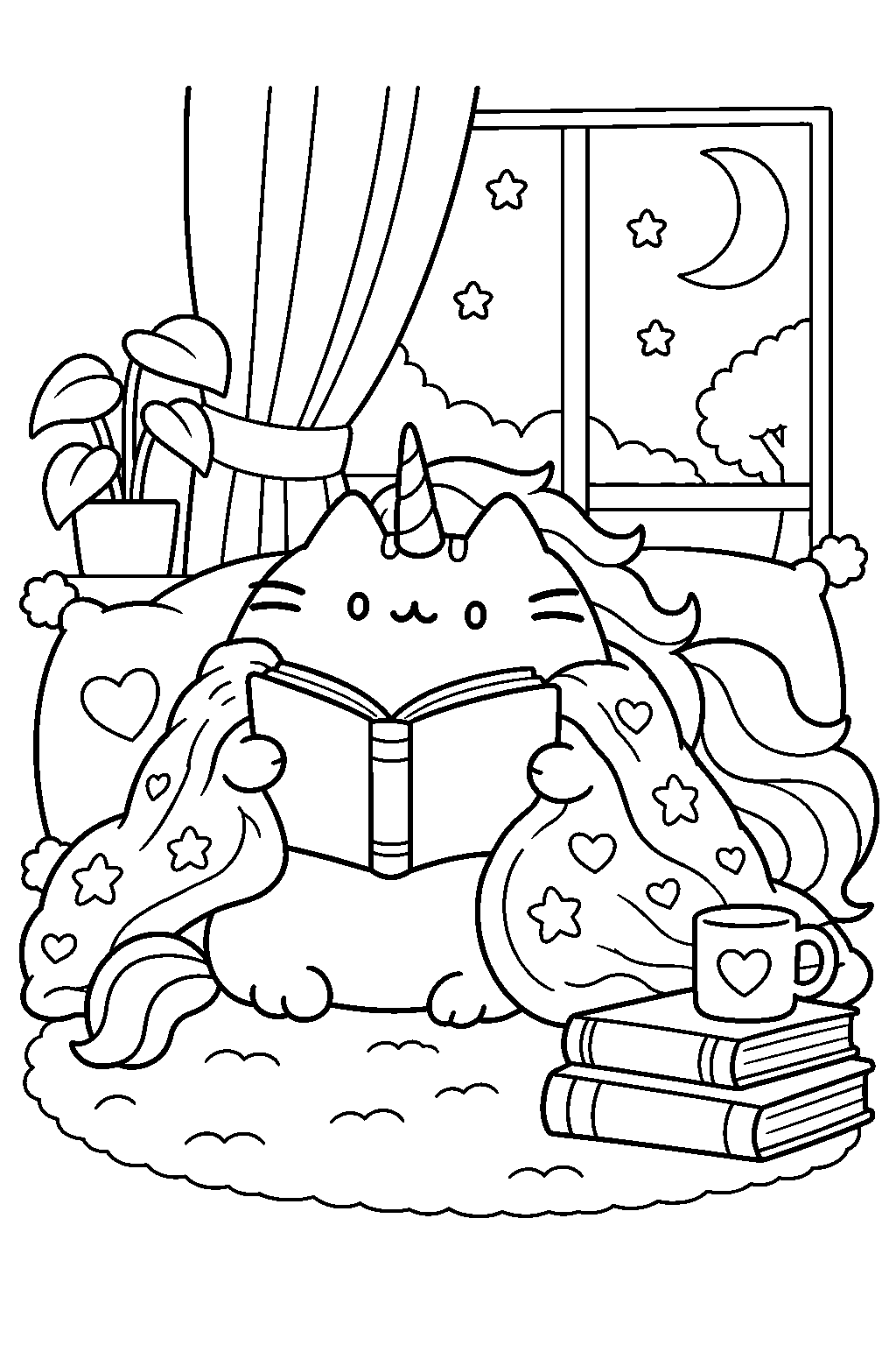 pusheen unicorn reading a book under a cozy blanket beside a window line art