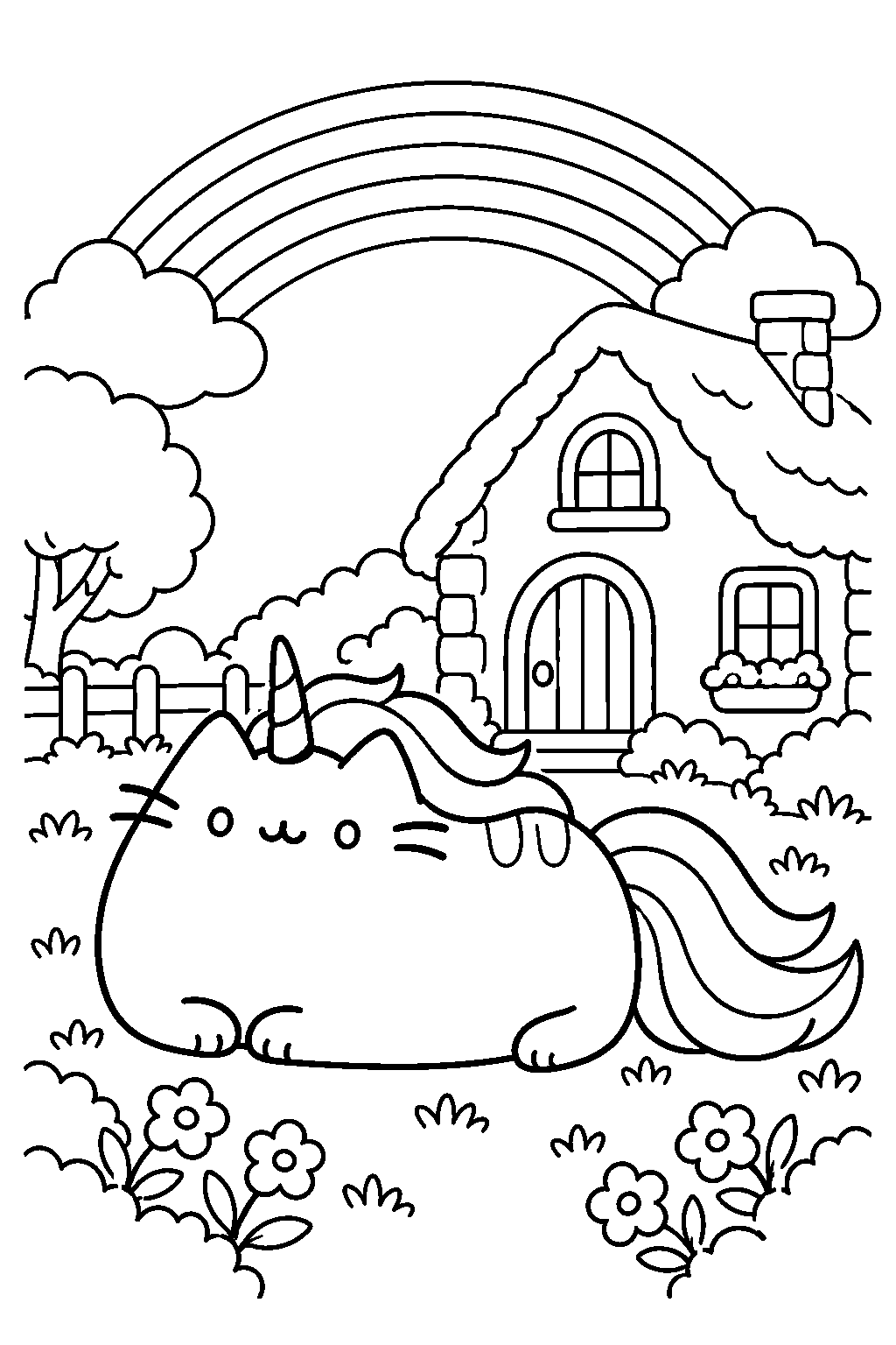 pusheen unicorn resting outside a cozy cottage under a rainbow line art