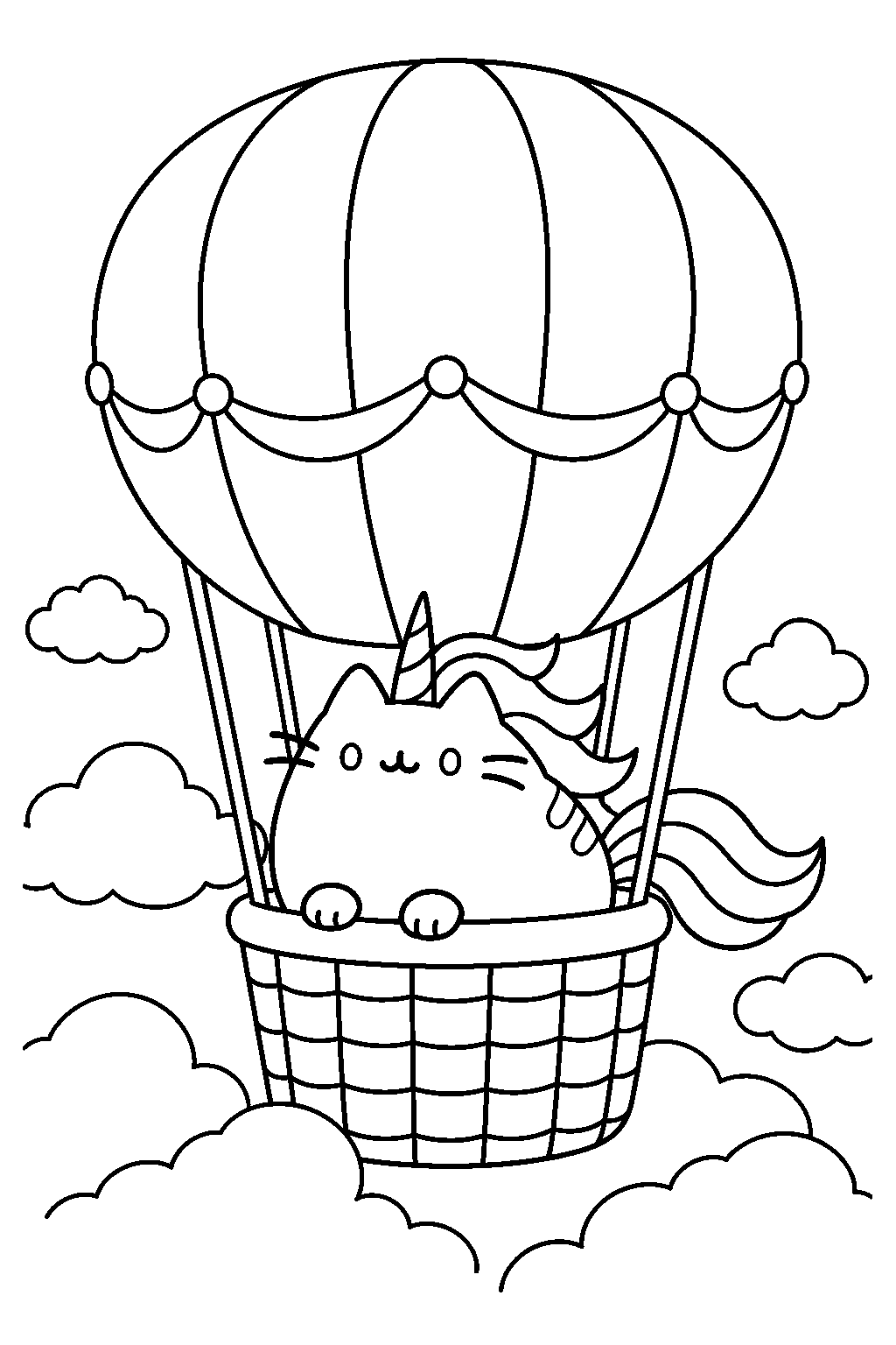 pusheen unicorn riding in a hot air balloon above the clouds line art