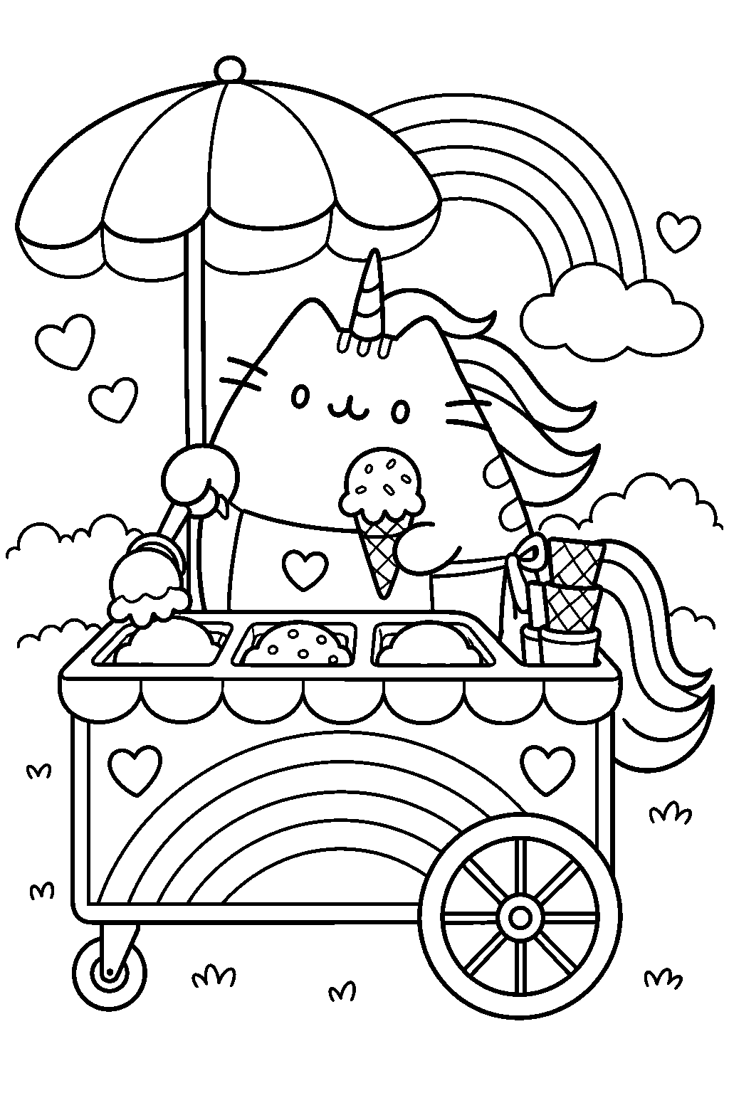 pusheen unicorn serving ice cream from a rainbow striped cart line art