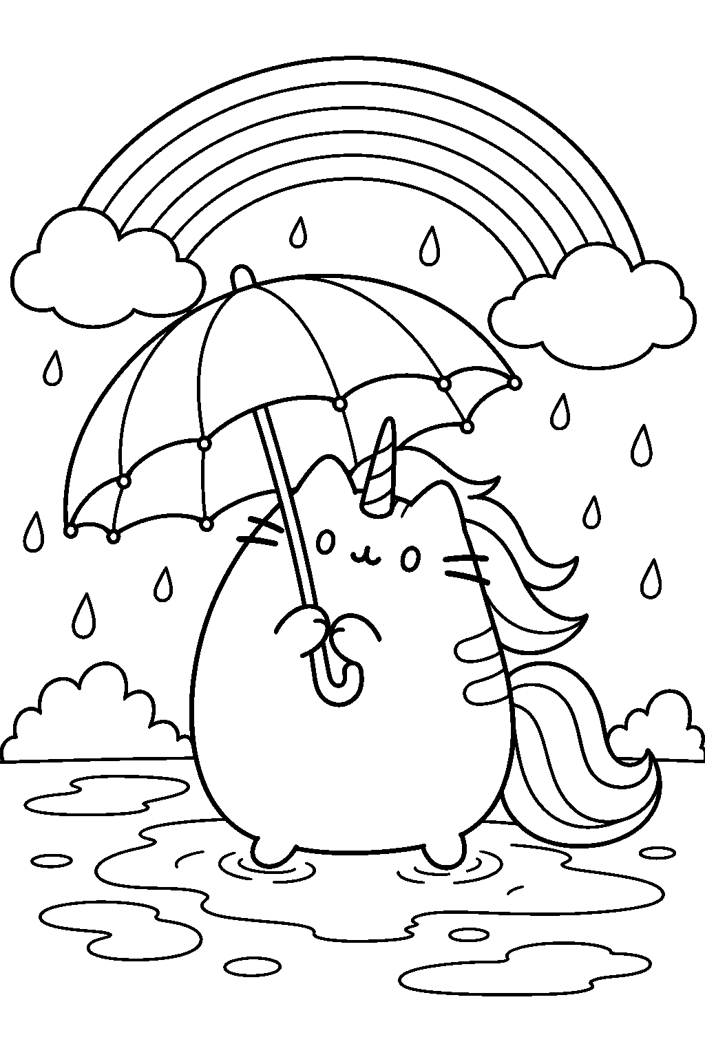 pusheen unicorn sheltering under an umbrella as a rainbow appears after rain line art