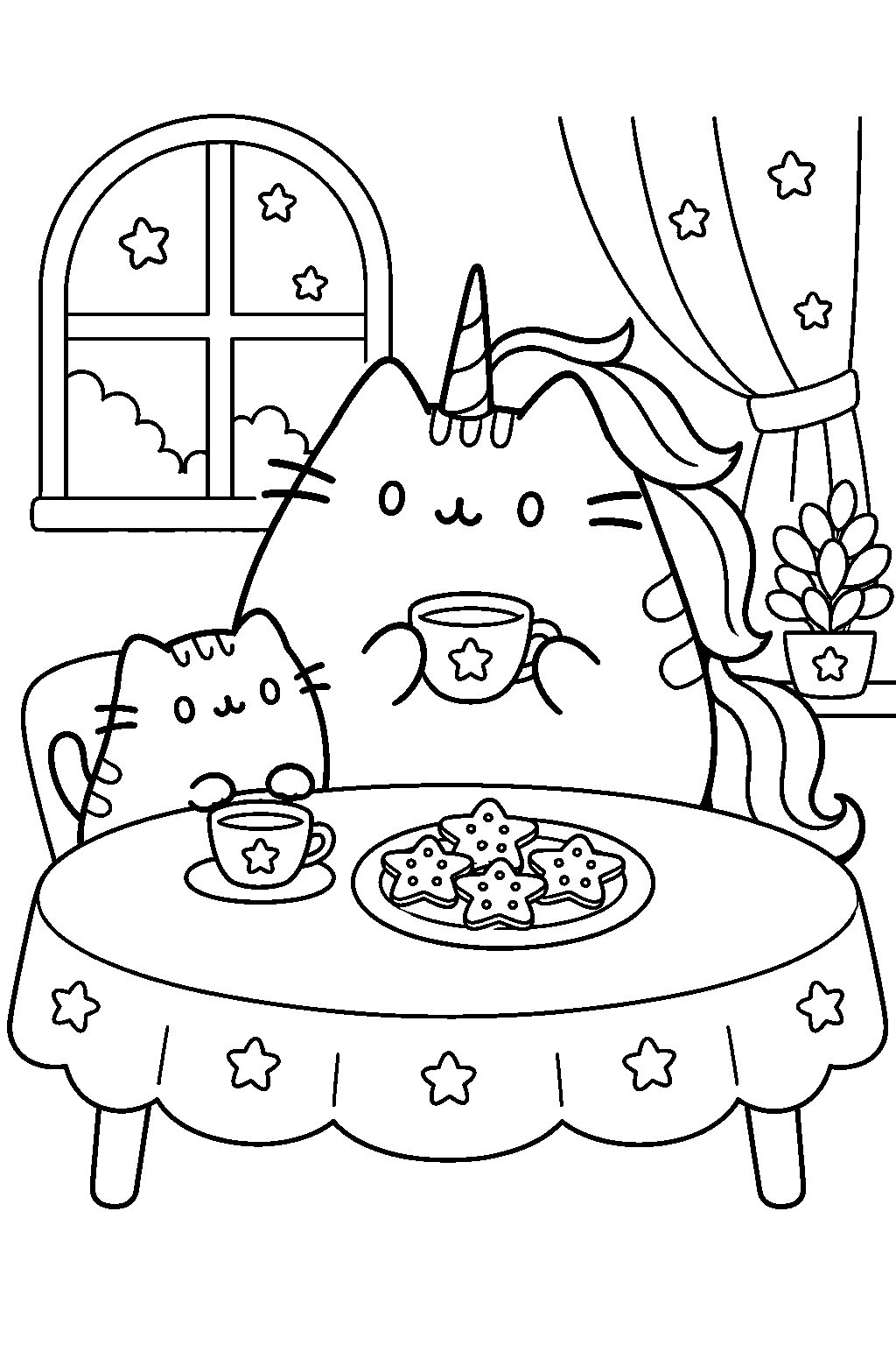pusheen unicorn sipping tea with pip beside a plate of star shaped cookies line art