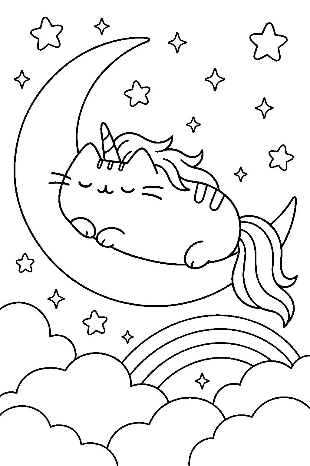 pusheen unicorn sleeping on a crescent moon above the clouds line art