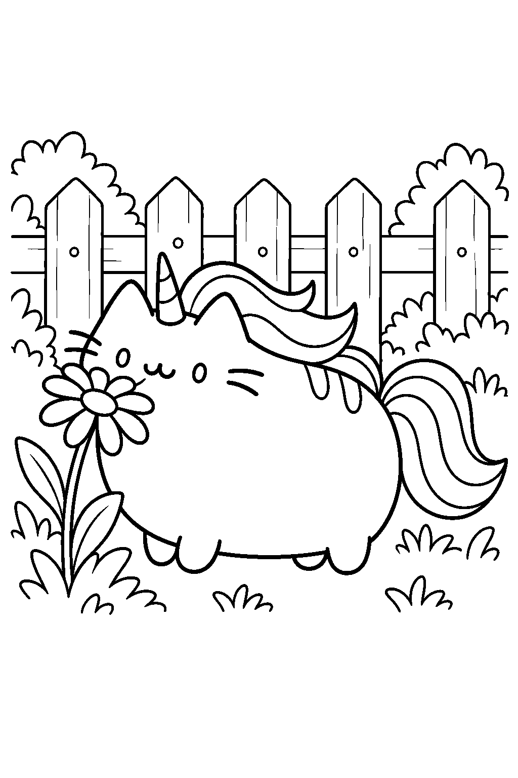 pusheen unicorn smelling a daisy beside a garden fence line art