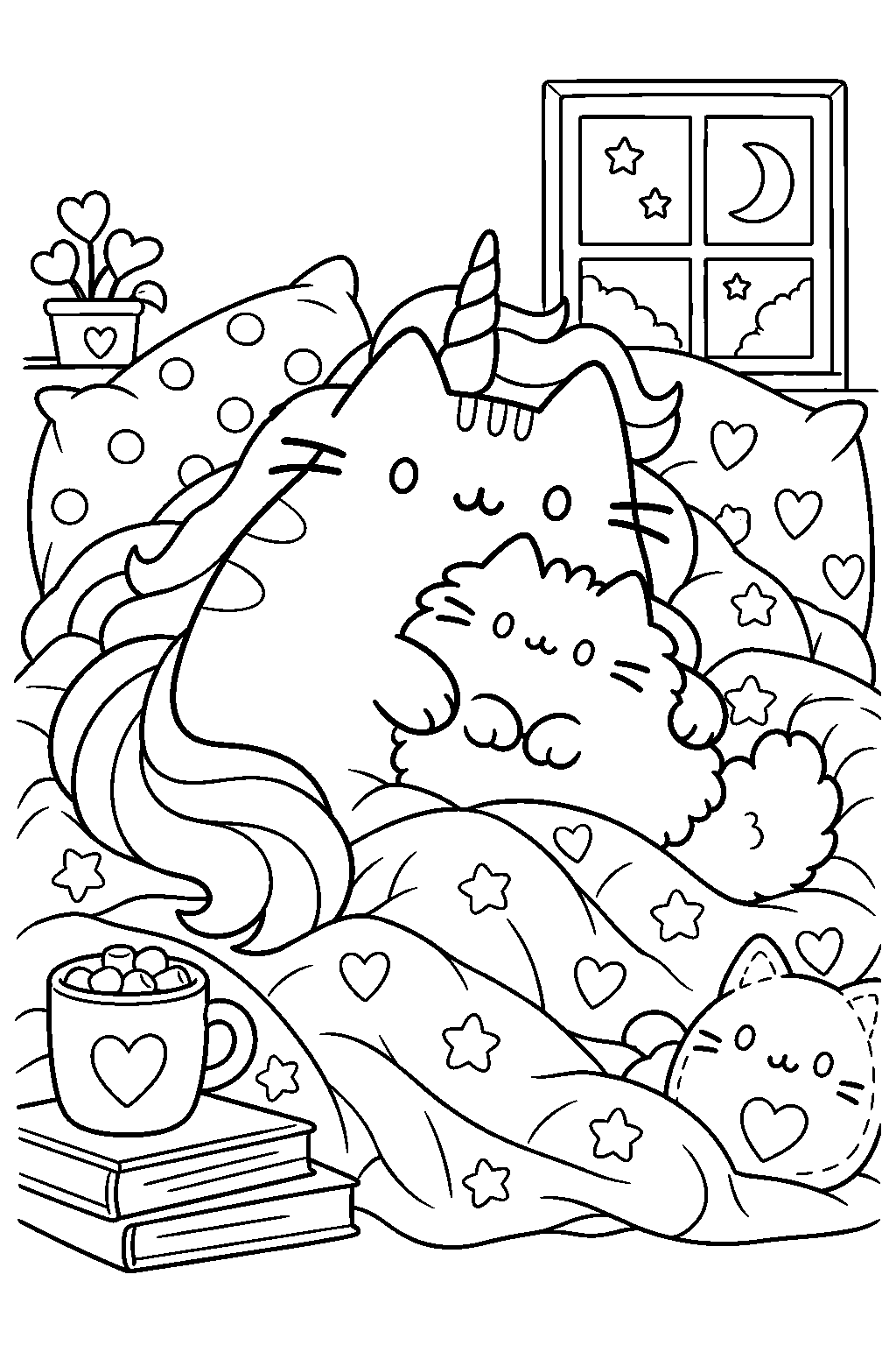 pusheen unicorn snuggling with stormy in a cozy blanket nest line art