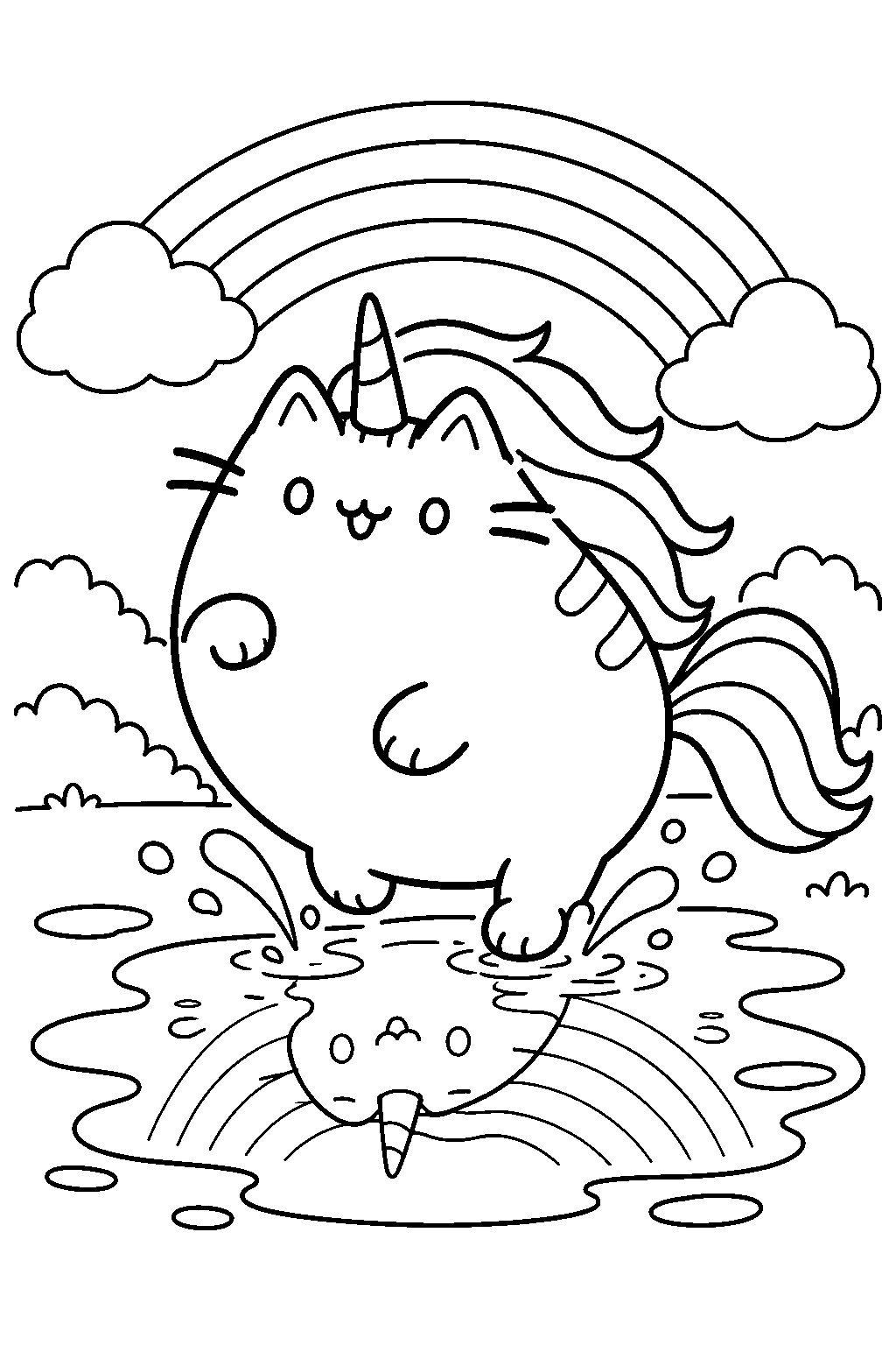 pusheen unicorn splashing in a puddle reflecting a rainbow line art