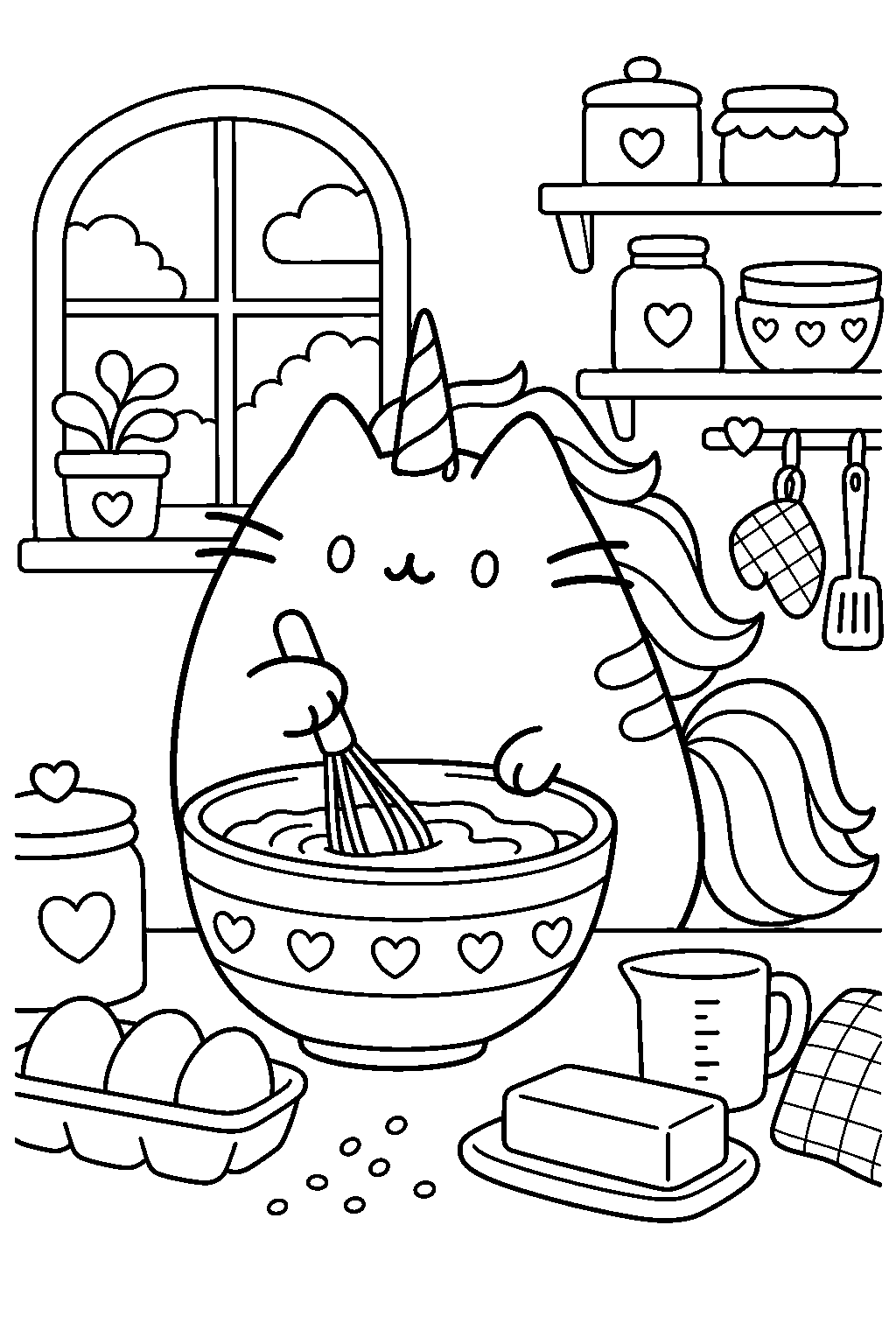 pusheen unicorn stirring cake batter in a kitchen mixing bowl line art