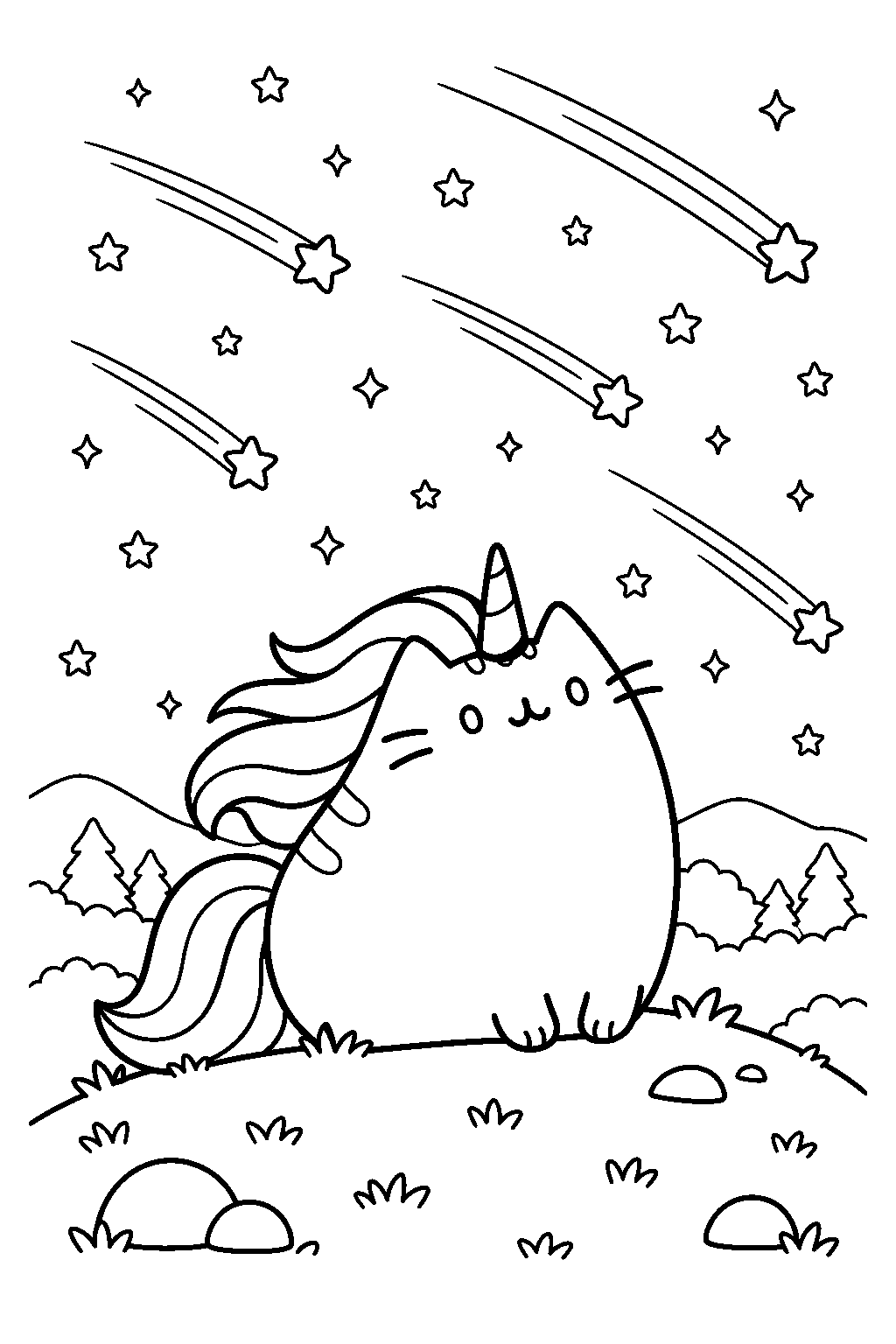 pusheen unicorn watching a meteor shower from a grassy hilltop line art