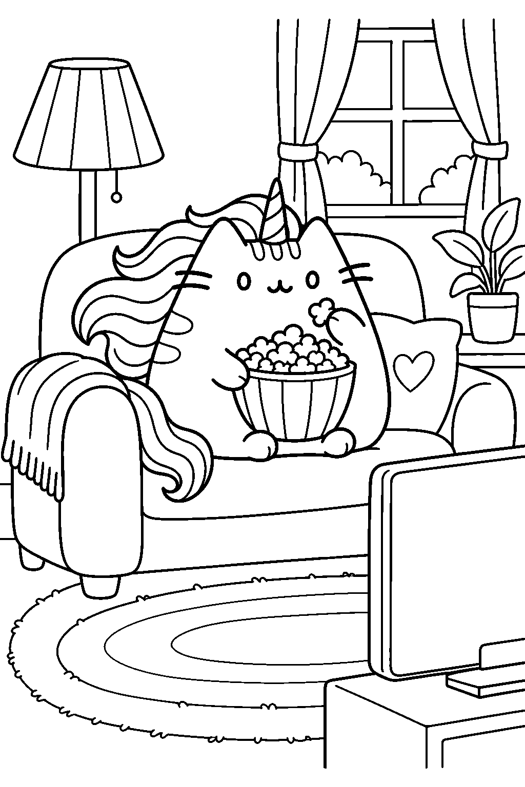 pusheen unicorn watching television with a bowl of popcorn line art