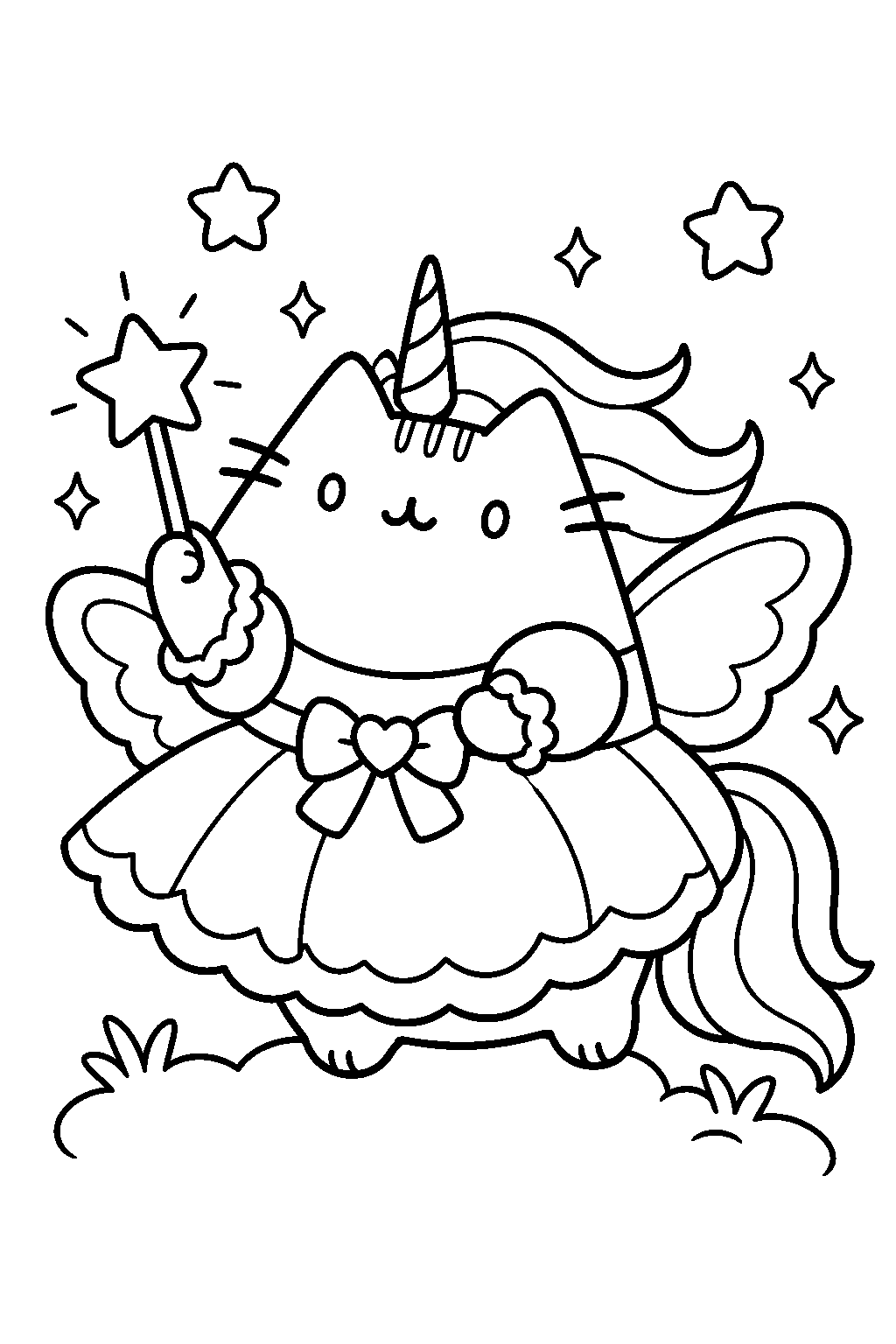 pusheen unicorn wearing a fairy dress and holding a star wand line art