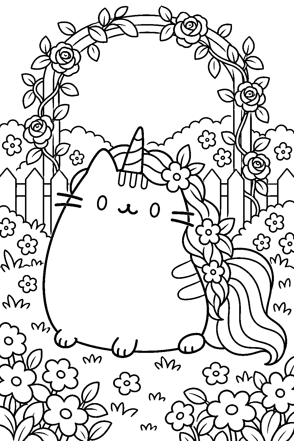 pusheen unicorn with a flower braided mane in a blooming garden line art
