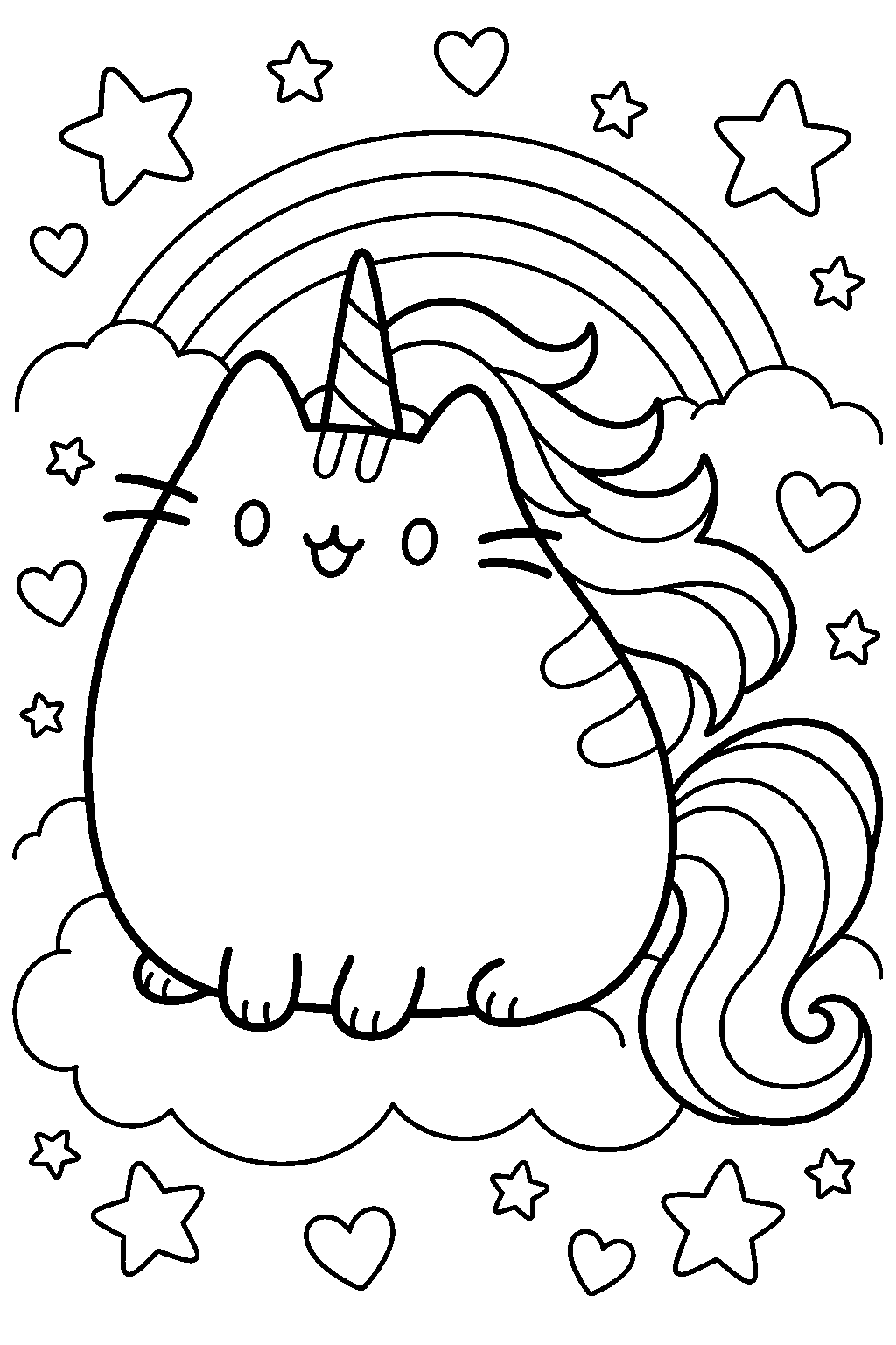 pusheen unicorn with a flowing mane and curled tail surrounded by stars and hearts line art
