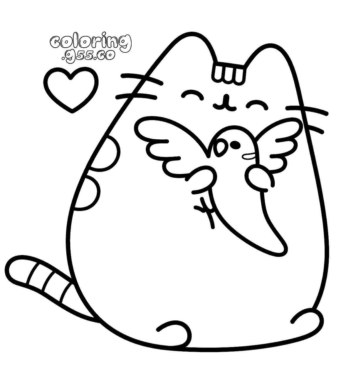 cute pusheen holding little bird cat animal line art for kids