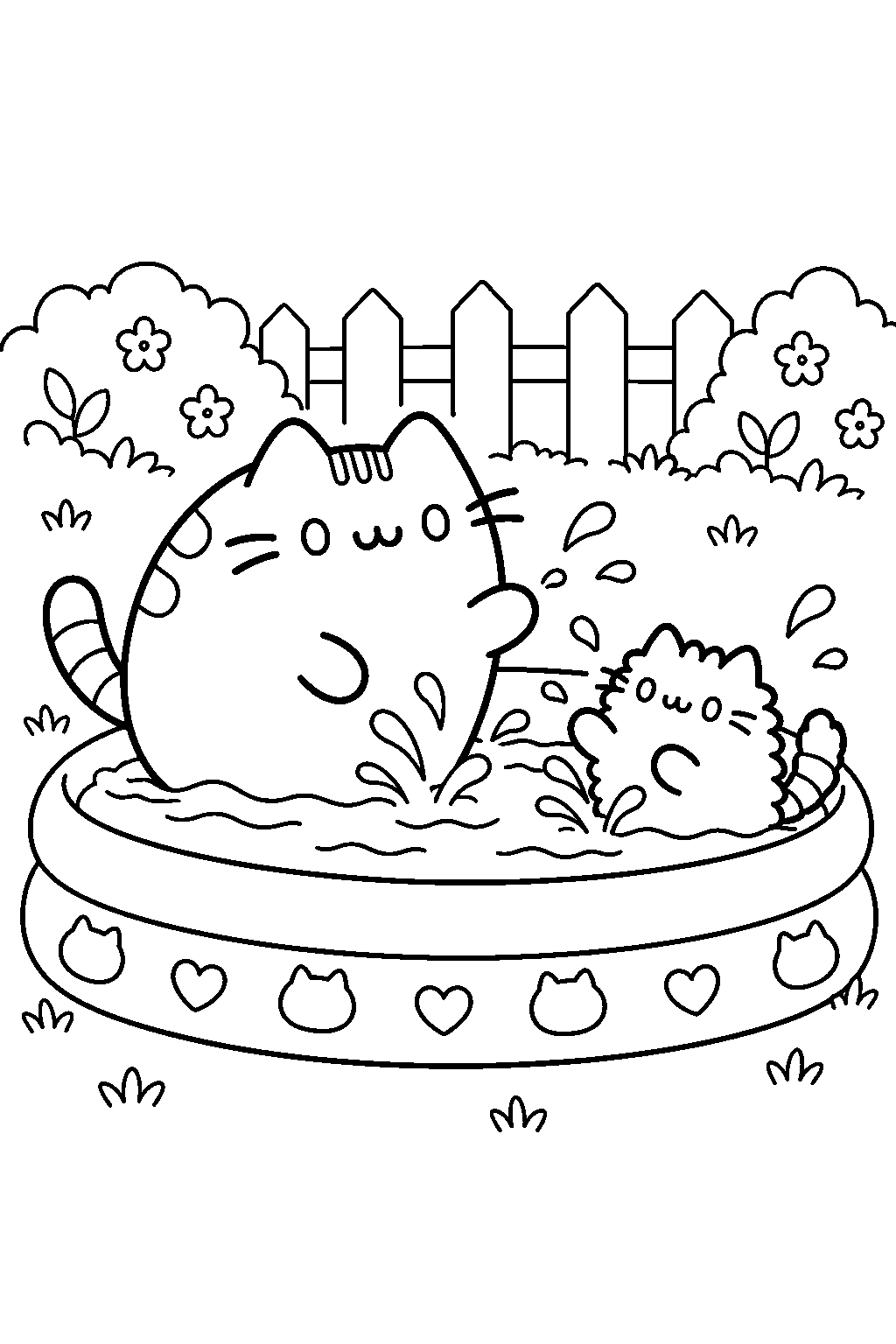 pusheen and pip splashing in a shallow backyard paddling pool line art