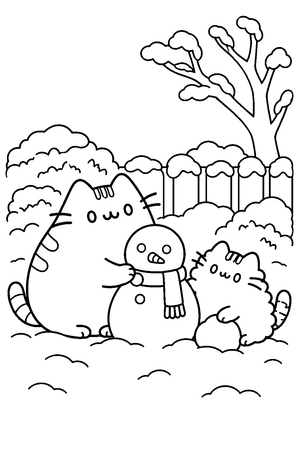 pusheen and stormy building a snowman in a snowy garden line art