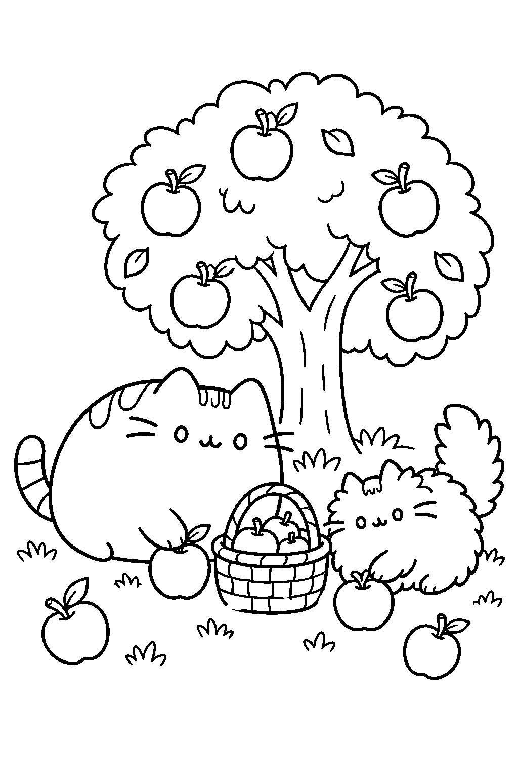 pusheen and stormy collecting fallen apples in an orchard line art