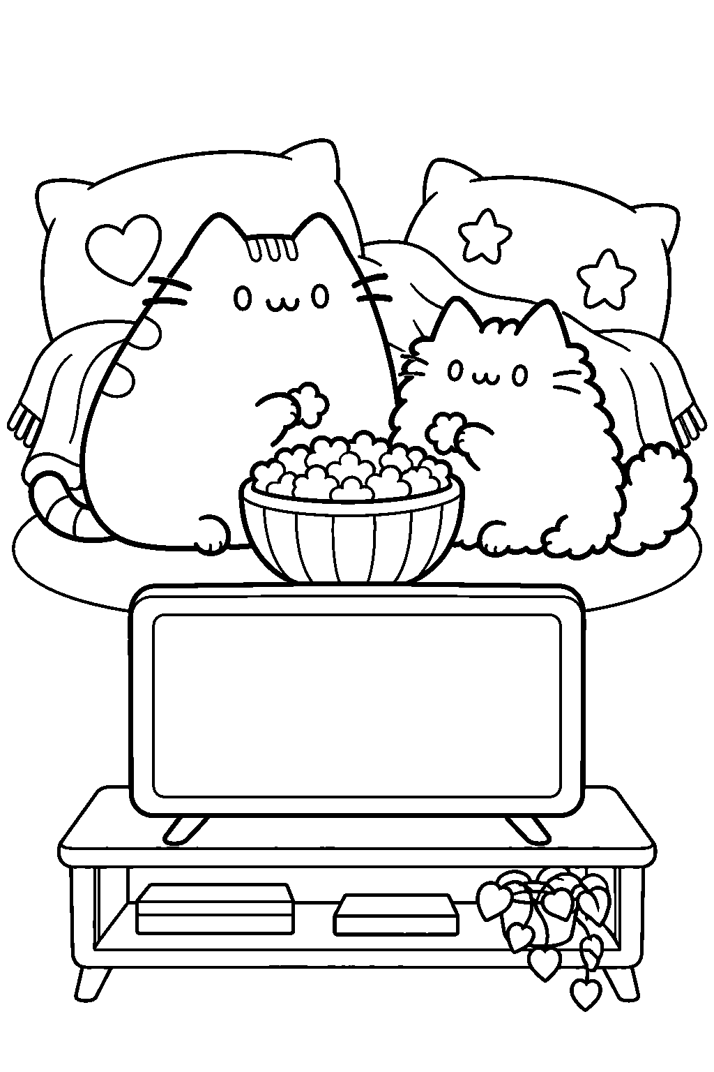 pusheen and stormy sharing popcorn in front of a television line art