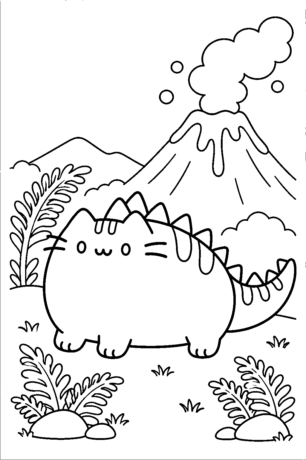 pusheen as a dinosaur beside a volcano and prehistoric ferns line art