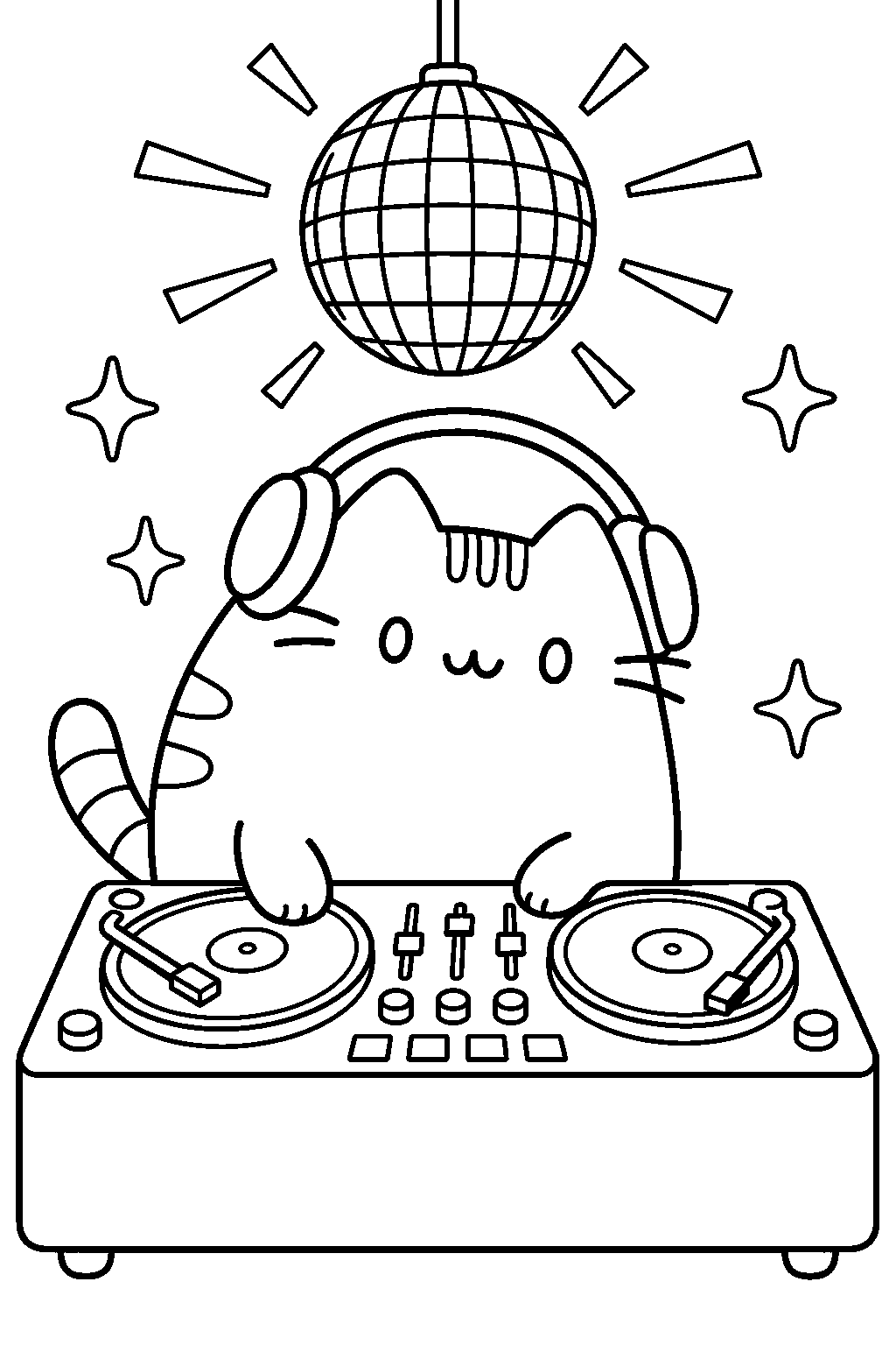 pusheen as a dj at turntables beneath a disco ball line art