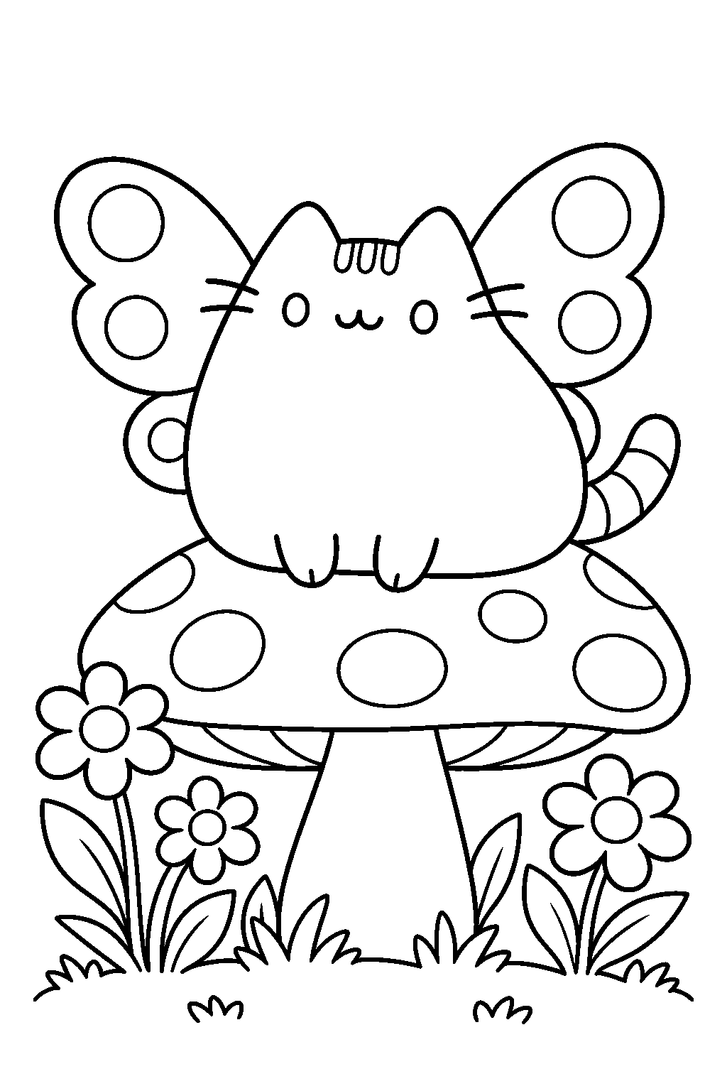 pusheen as a fairy resting on a mushroom among flowers line art