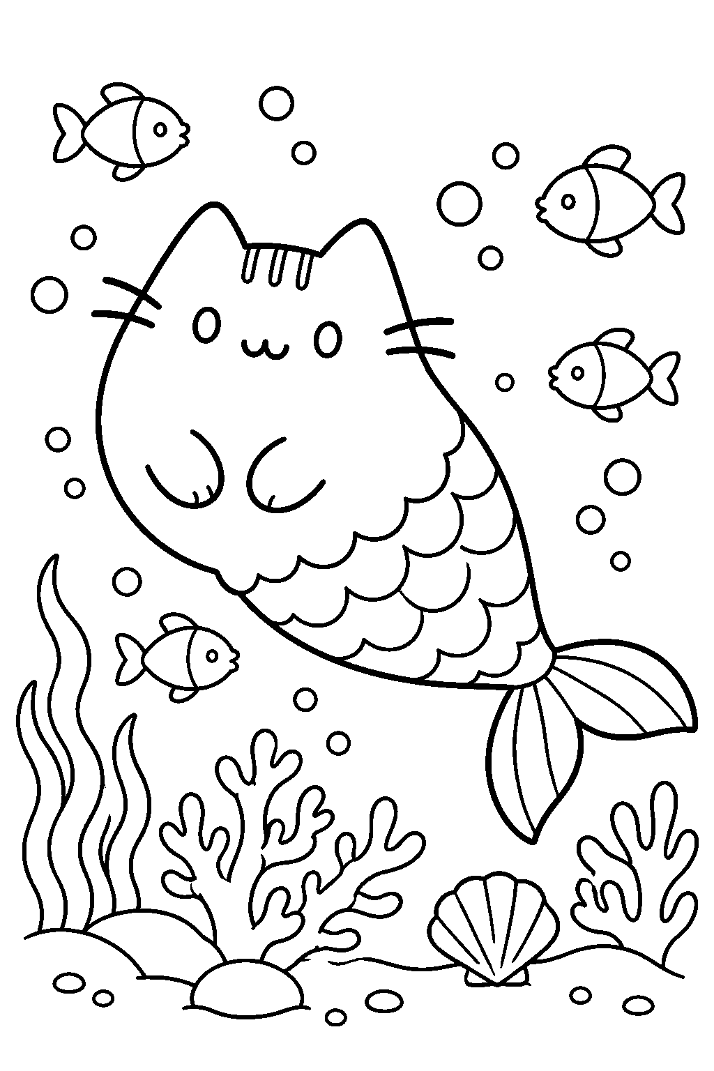 pusheen as a mermaid swimming among fish and coral line art