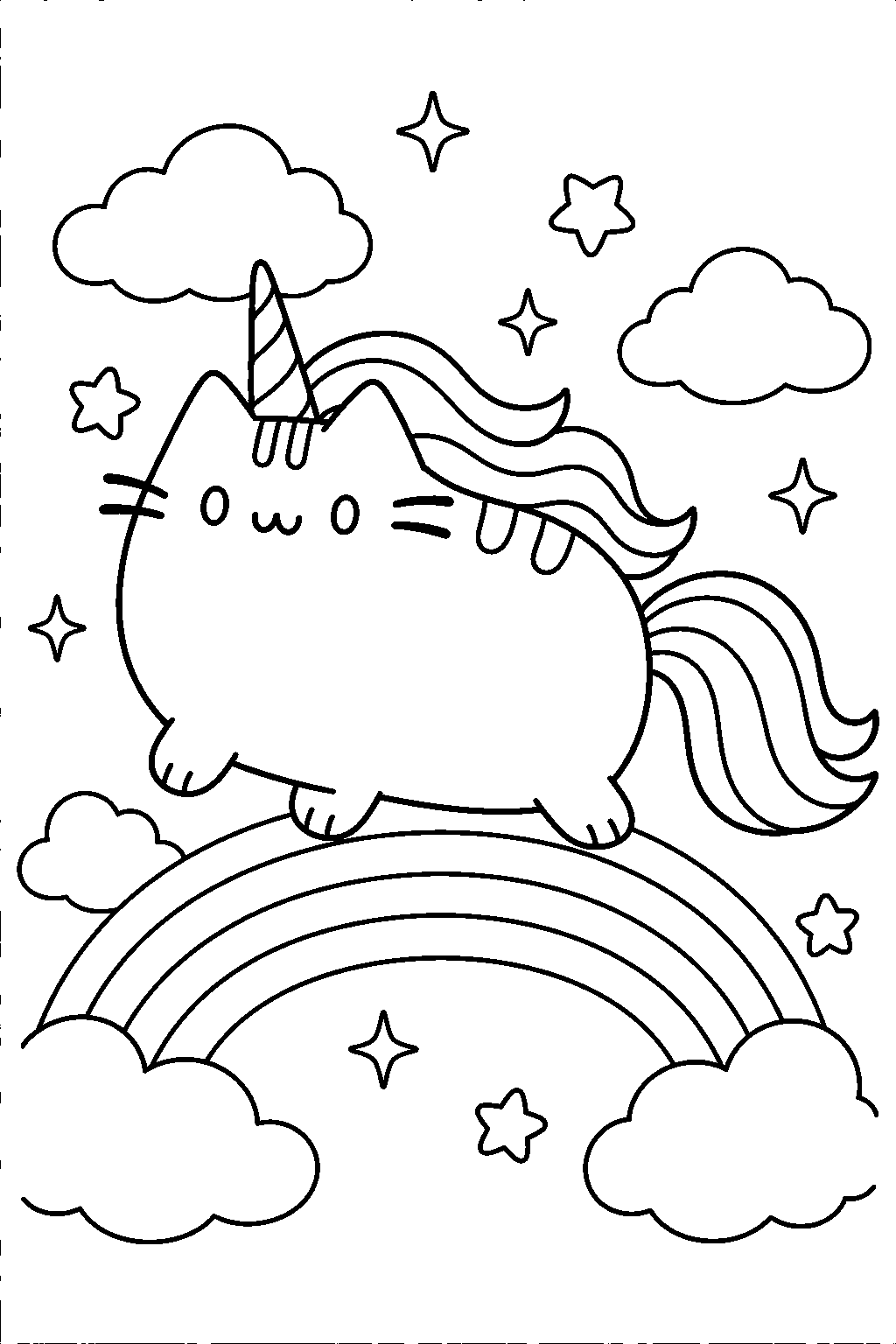 pusheen as a unicorn walking across a rainbow line art