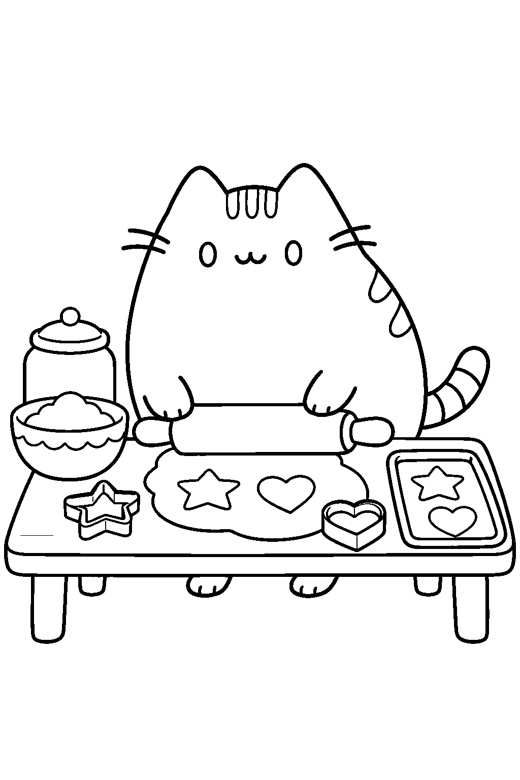 pusheen baking cookies with a rolling pin and cookie cutters line art