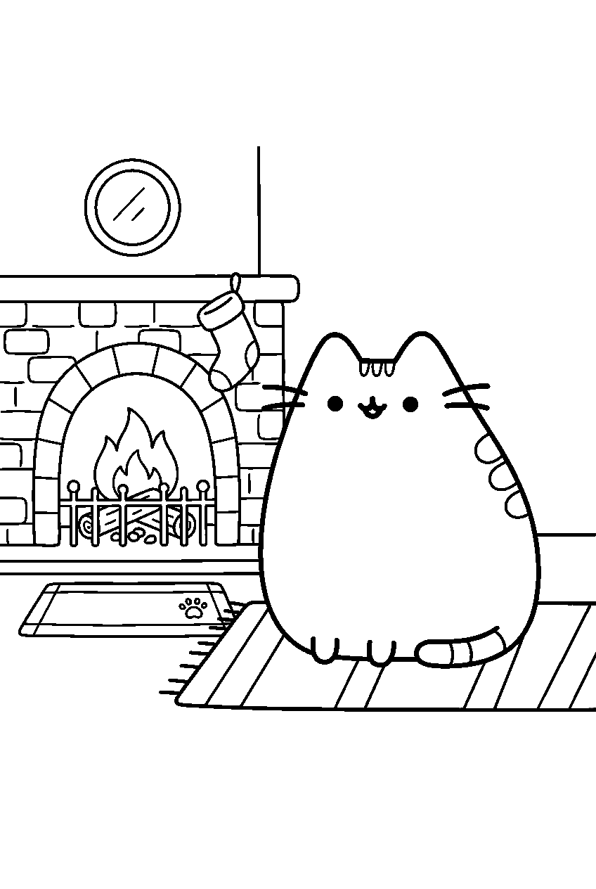 pusheen by the fireplace line art