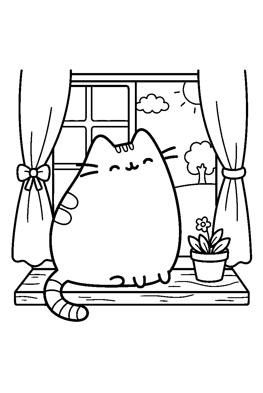 pusheen by the window line art