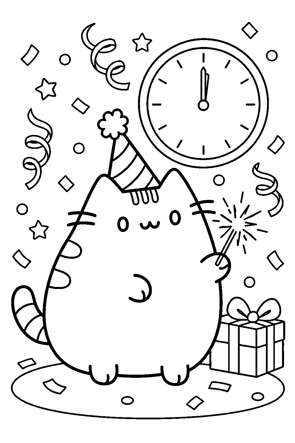 pusheen celebrating new year s eve beneath confetti and a clock line art