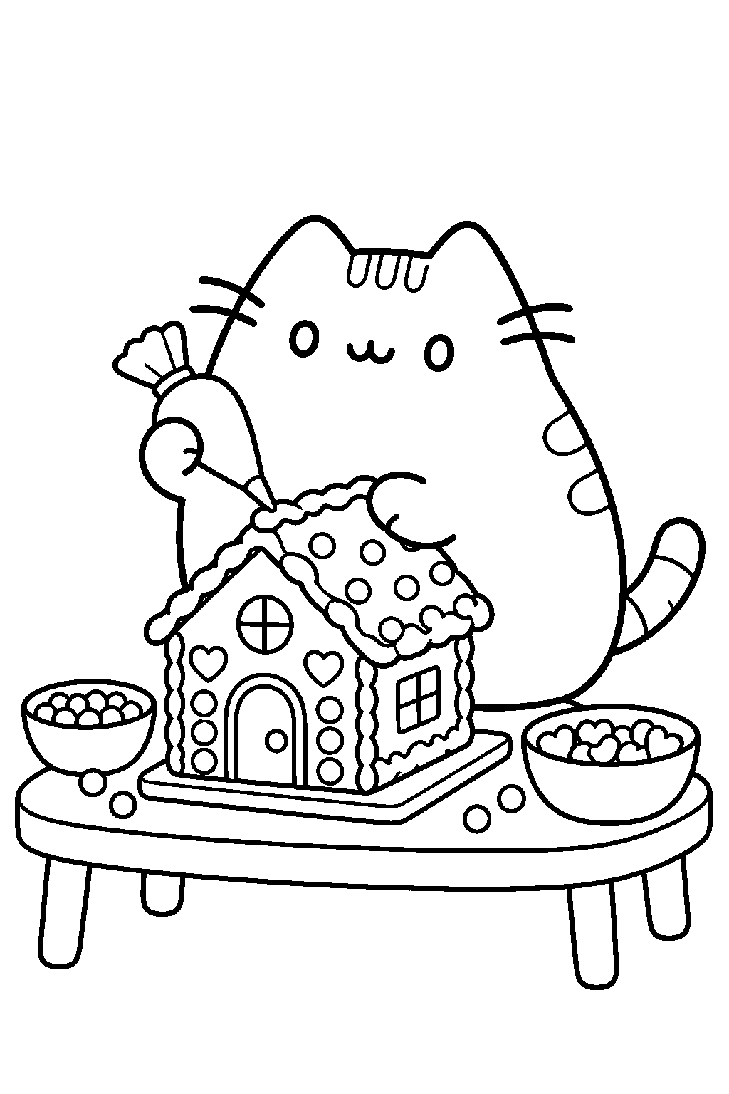 pusheen decorating a gingerbread house with candy line art
